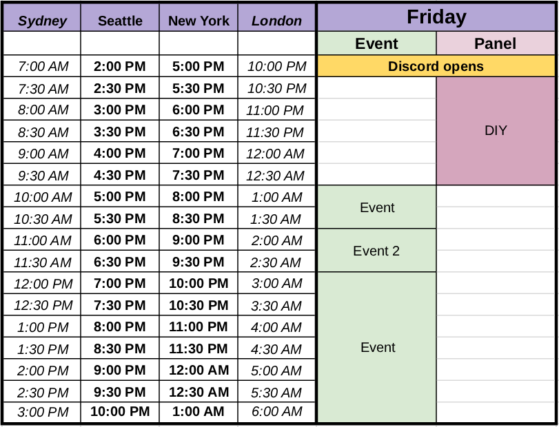 An indicative schedule for Virtual TGIF/F that shows Discord opens at 5pm US EDT, followed by hours of DIY, followed by Events starting at 8pm US EDT