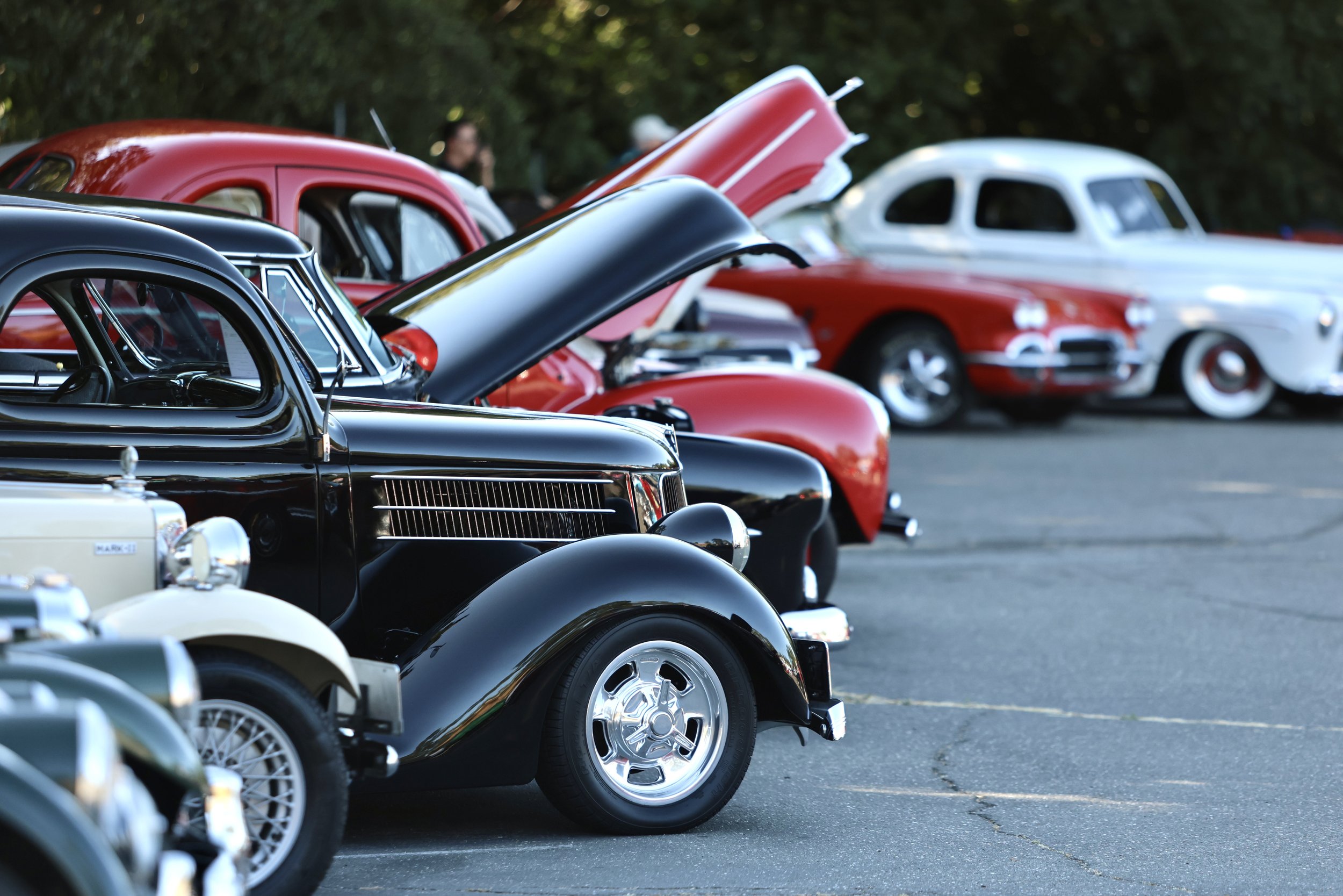 Row of beautiful vintage hot rods at the Walnut Creek Elks Car Show