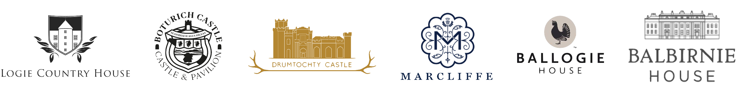 Collection of Scottish luxury hotel and country house logos, including Logie Country House, Bourturich Castle, Drumtochty Castle, Marcliffe, Ballogie House, and Balbirnie House.