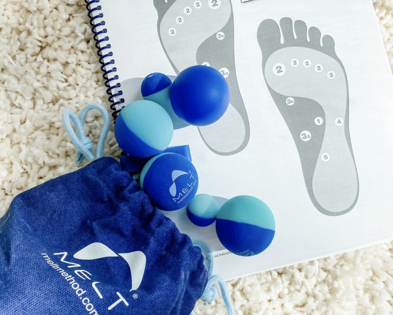 Blue and light blue massage balls, a blue drawstring bag with the MELT logo, and a foot reflexology chart on a cream carpet.