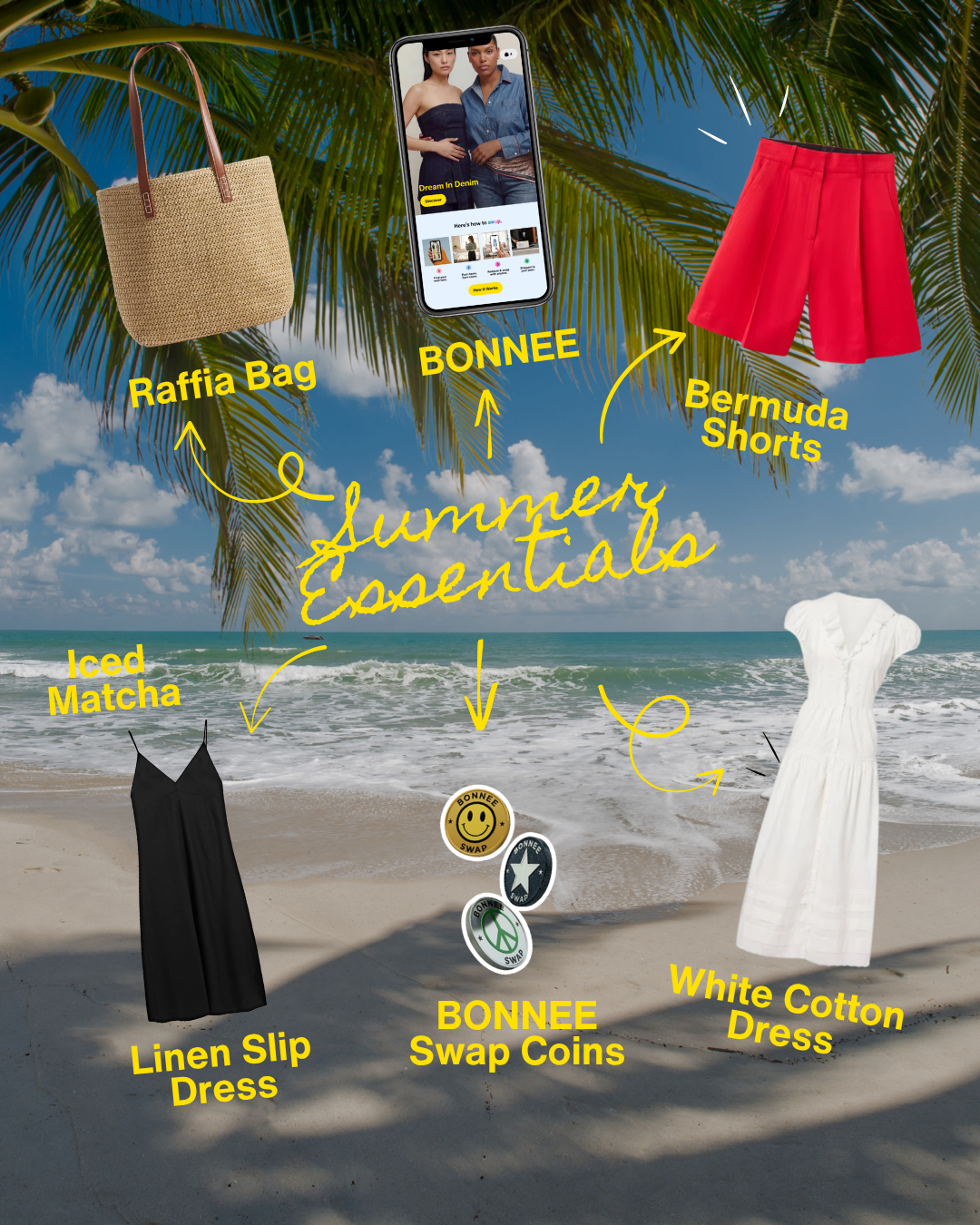 Collage image on a beach backdrop. Items included in the collage are the BONNEE app, BONNEE Swap Coins, Bermuda shorts, a linen slip dress, and a white cotton dress. The words "summer essentials" in yellow text is in the center of the image.