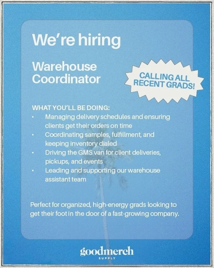 Calling all recent grads: We&rsquo;re hiring. ⚡️📦
⠀⠀⠀⠀⠀⠀⠀⠀⠀
Goodmerch Supply is looking for a full time Warehouse Coordinator &amp; Driver to run our fulfillment hub. If you&rsquo;re organized, love logistics, and don&rsquo;t want to be chained to a