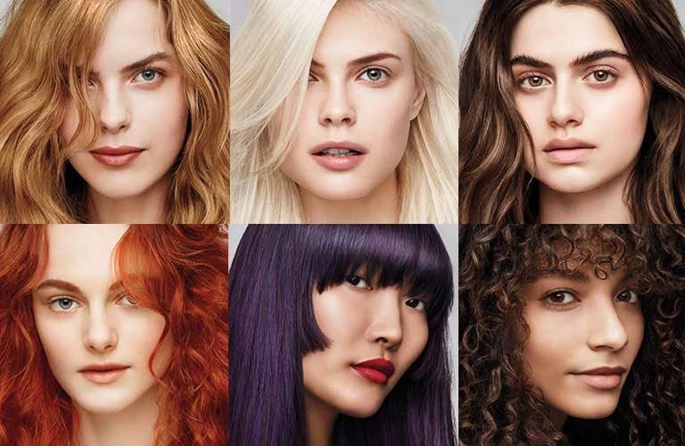 Six women with different hair colors and styles posing for a collage