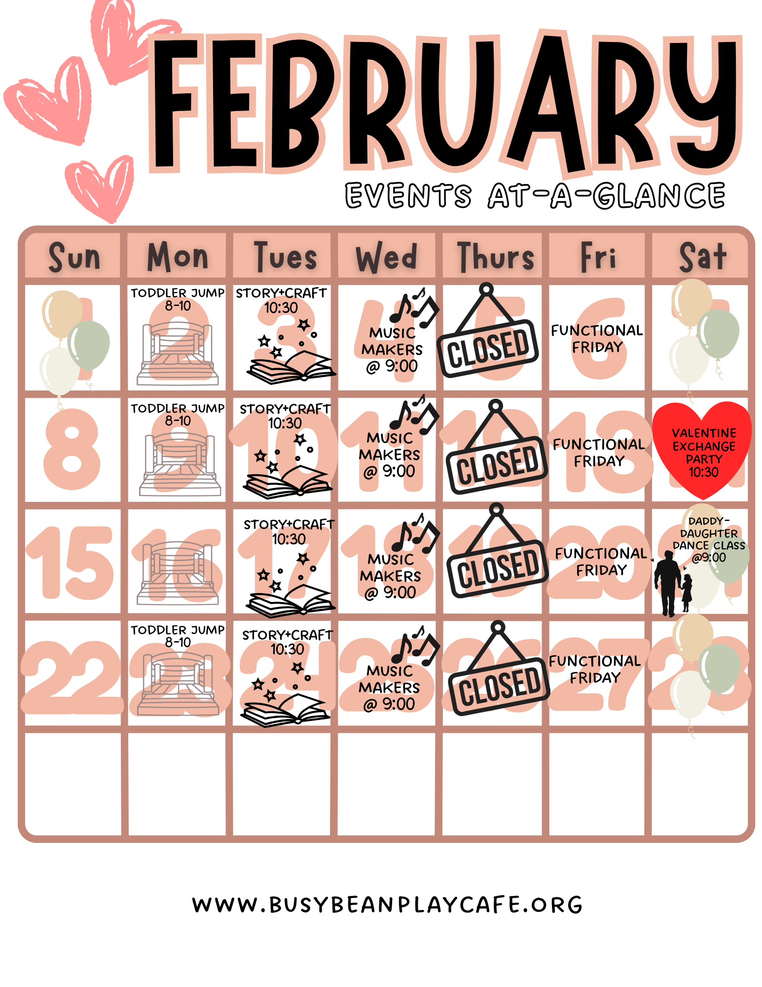 February events calendar for Busy Bean Play Cafe featuring toddler jump sessions, story and craft classes, music makers, a Valentine exchange party, parent-child dance class, and themed balloon decorations.