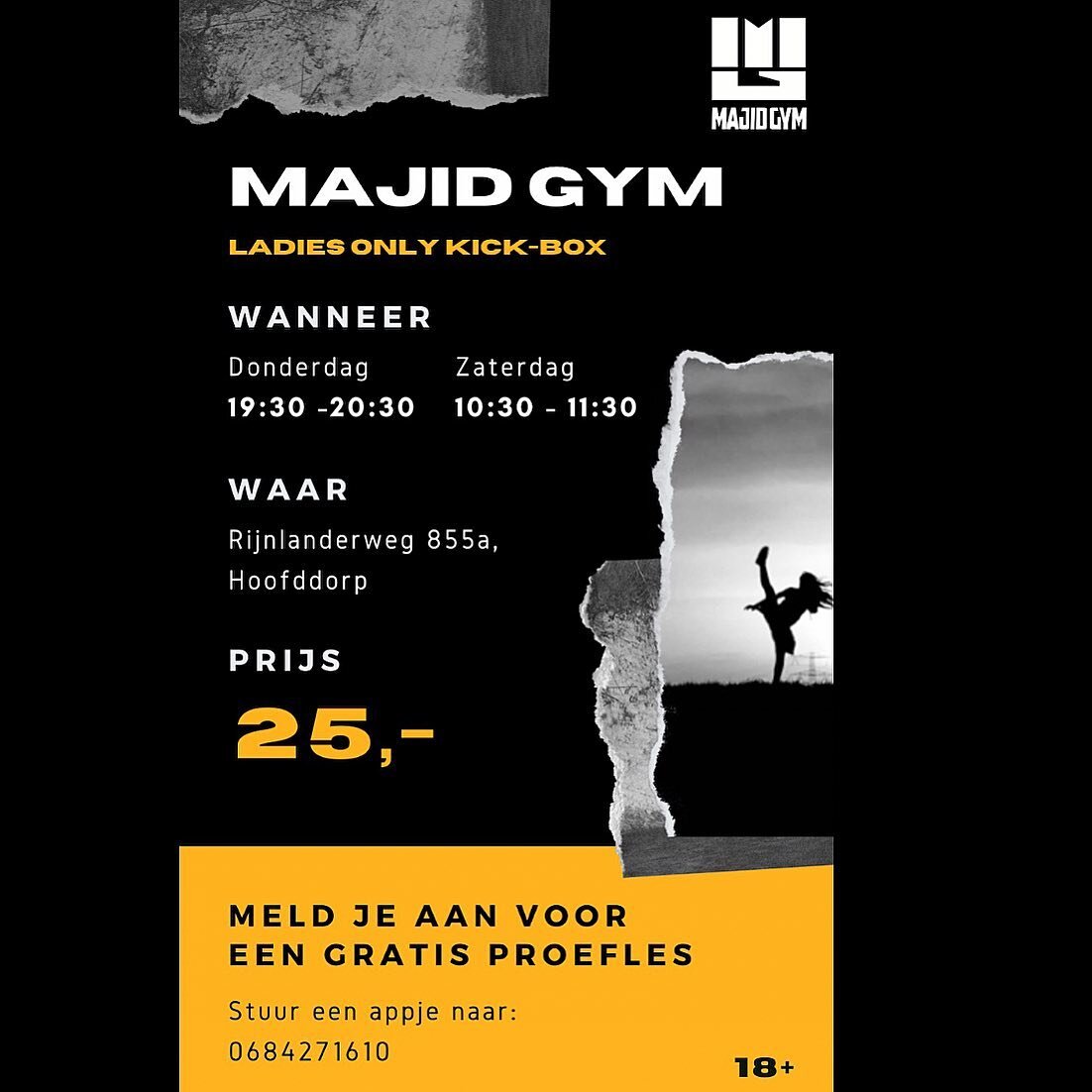 Het is eindelijk zover. 
Majid Gym zal beginnen met een Ladies Only groep!!!🎉 
Voor alle dames 18+ kom langs voor een  proefles en vergeet het niet te delen met vriendinnen/familieleden en elke Dame in jouw omgeving 🦾🥊 
We zien jullie hopelijk sne
