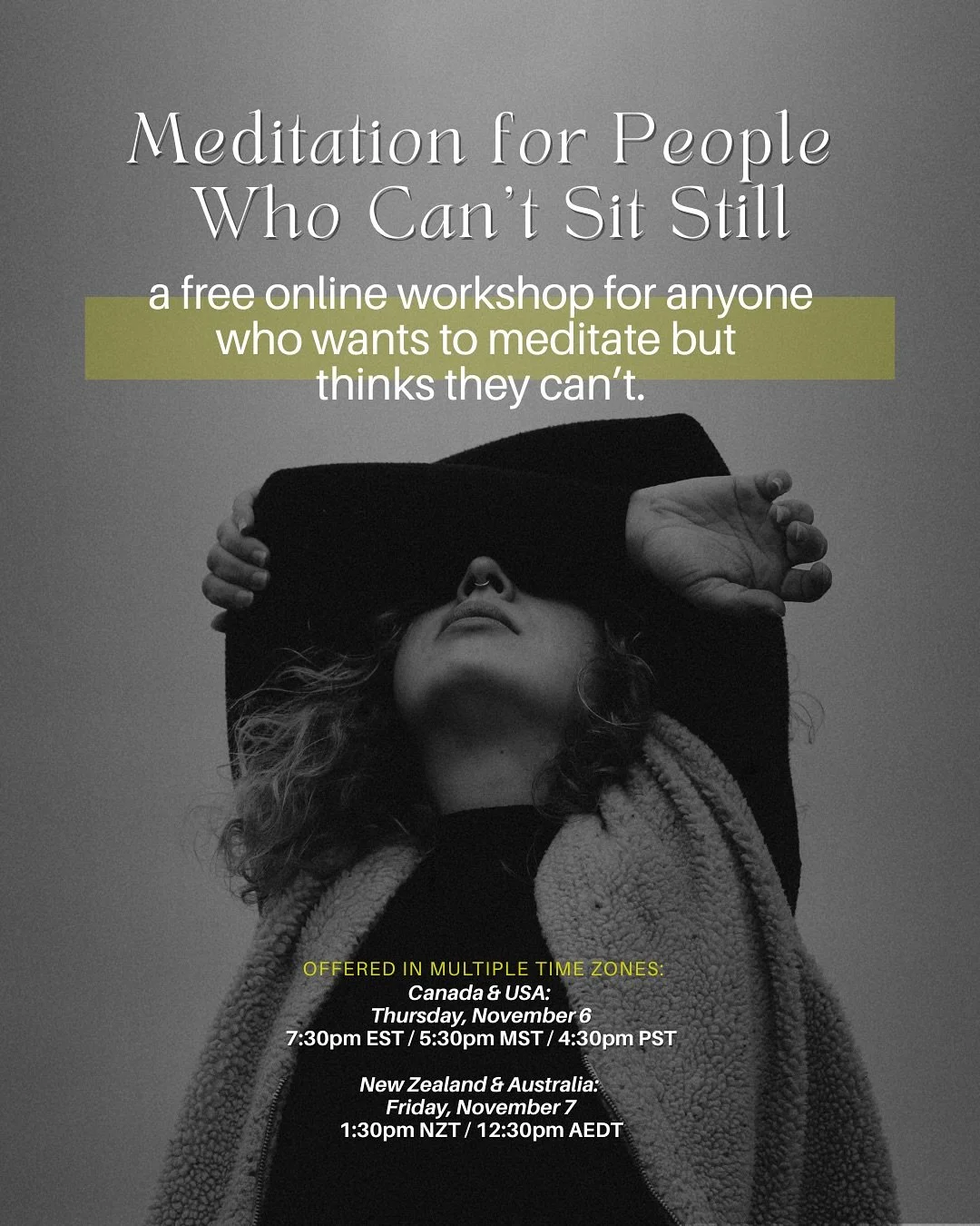 📣 TOMORROW, the second round of my free workshop &mdash; Meditation for People Who Can&rsquo;t Sit Still &mdash; is happening! ✨

Whether you&rsquo;re brand new to meditation or someone who&rsquo;s been doing it for years, this one&rsquo;s for you. 