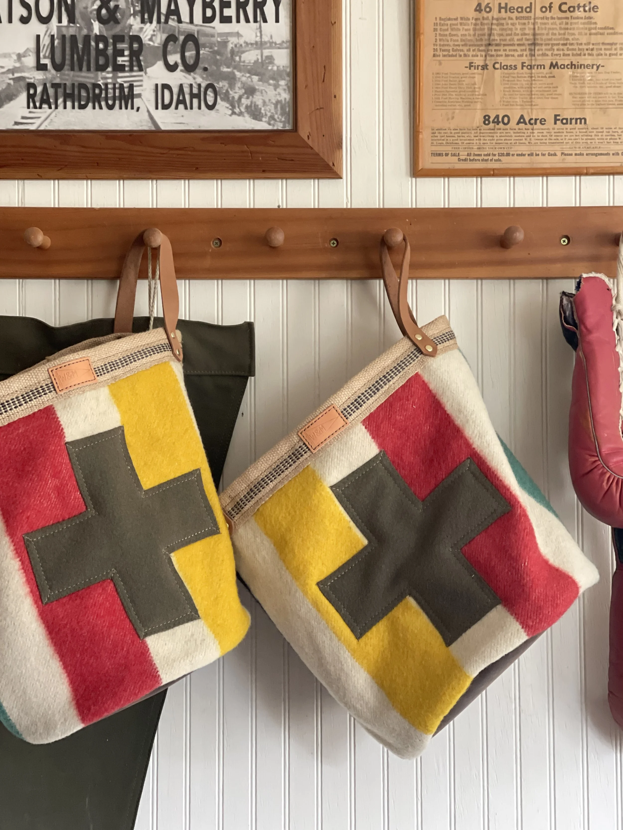 Basket Tote // vintage striped camp wool & leather details