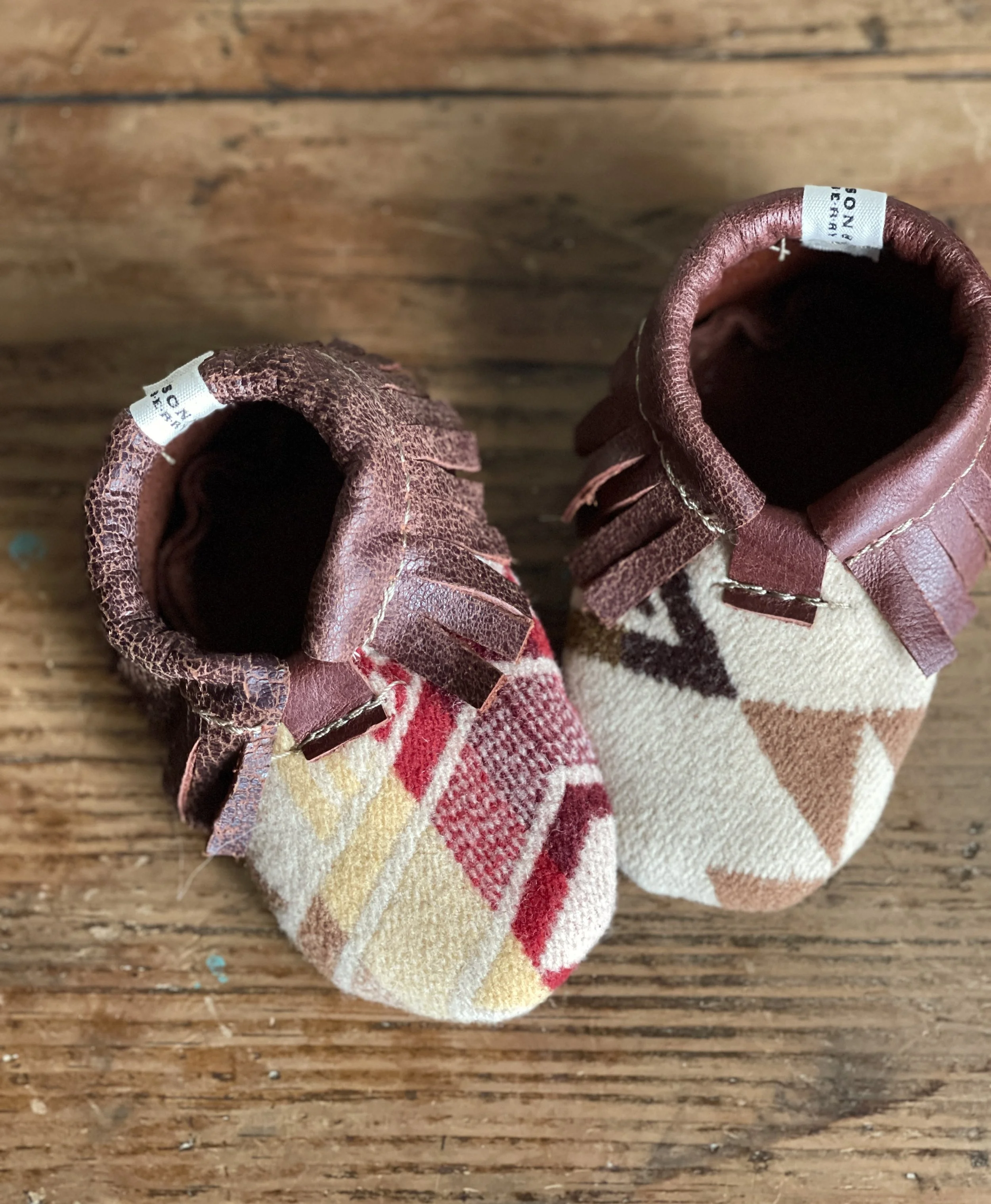 Handmade Moccs in Pendleton wool & Brown Leather (Size 3-6m)