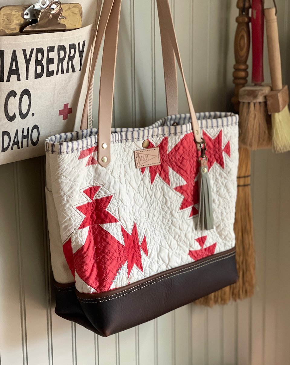Leather Tote in surplus canvas, vintage hand-stitched quilt & chewy brown leather