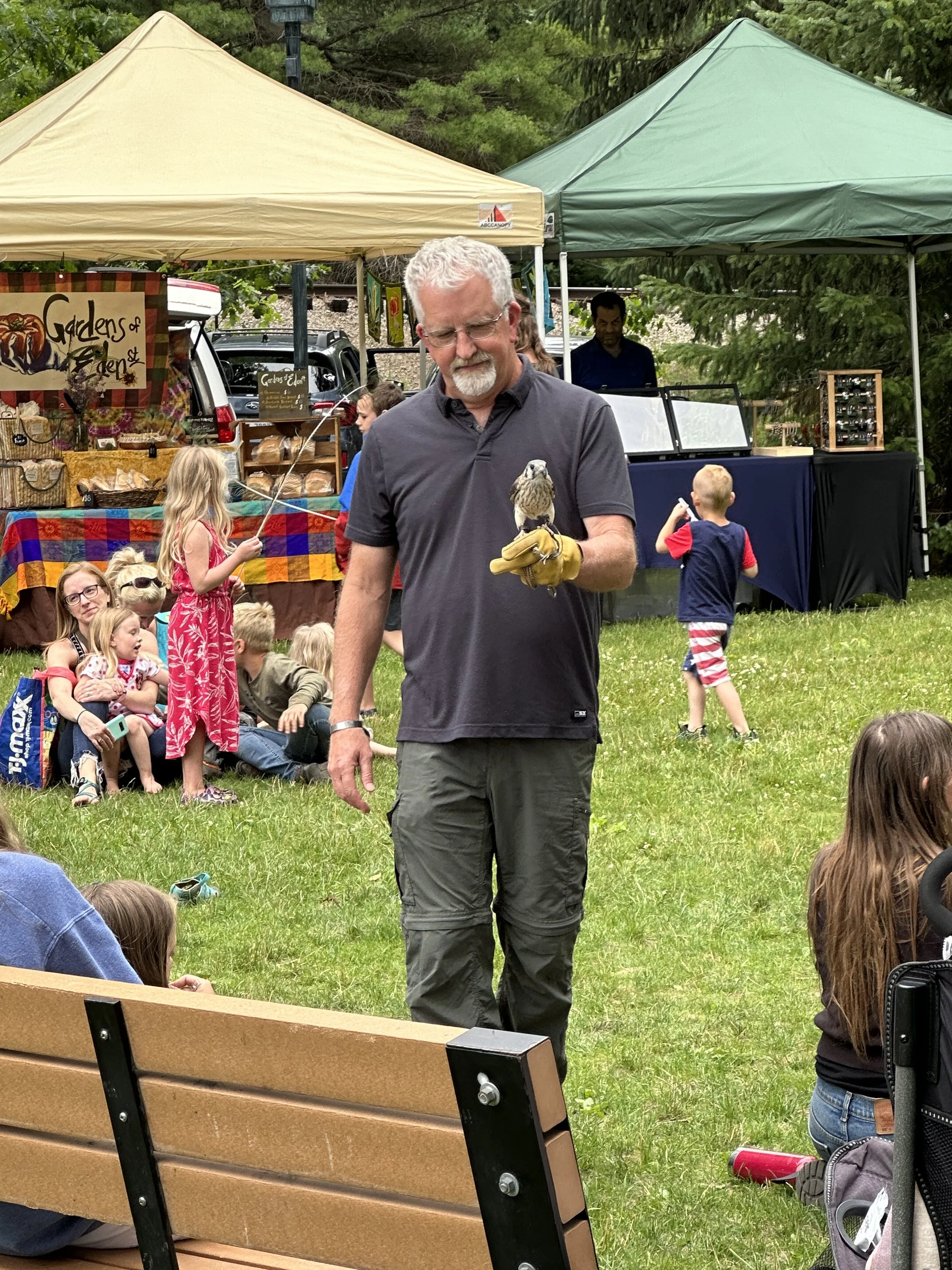 A man holding a bird of prey on his gloved hand at an outdoor event with children and vendors in the background.