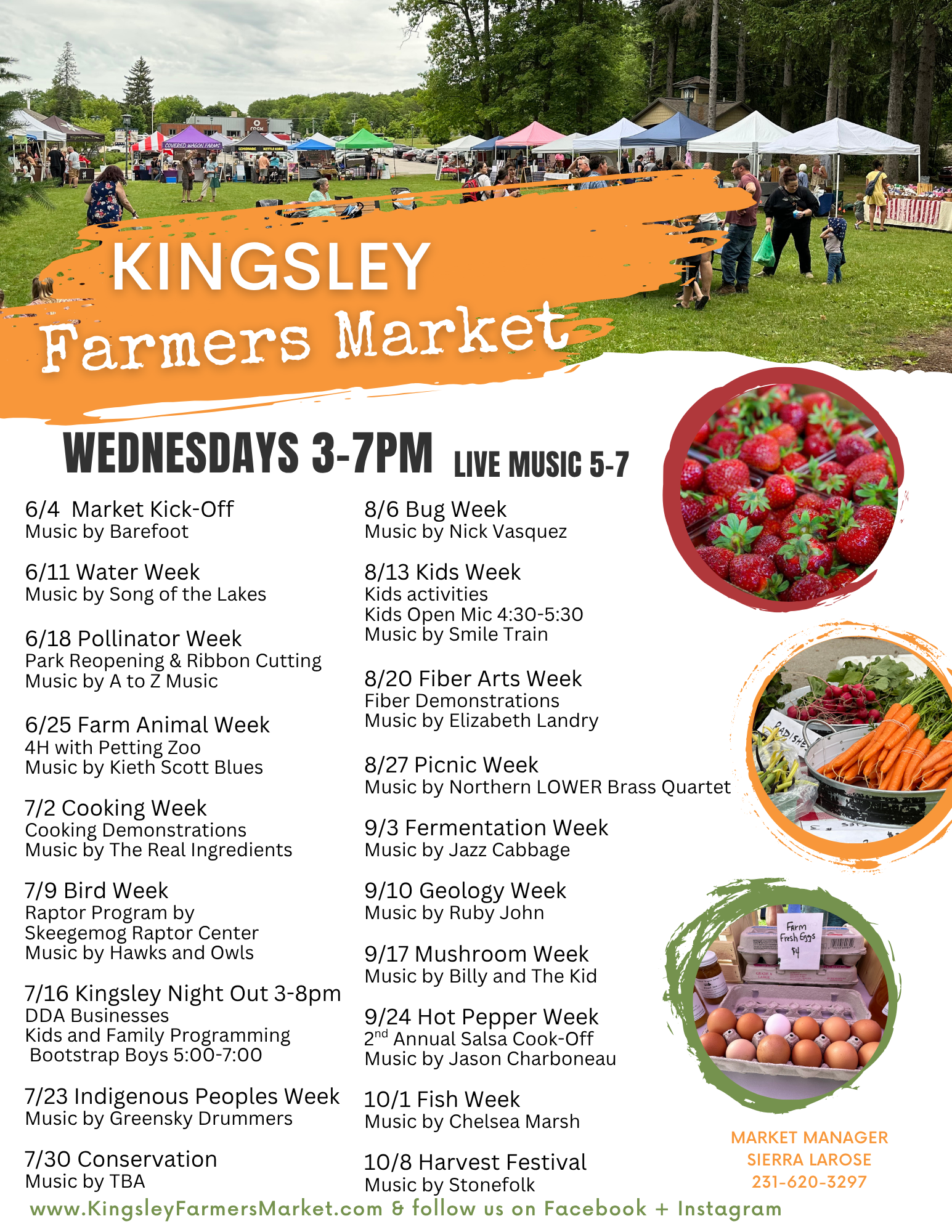 Flyer for Kingsley Farmers Market featuring schedule of weekly events, live music, and activities with images of strawberries, vegetables, eggs, and vendor information.