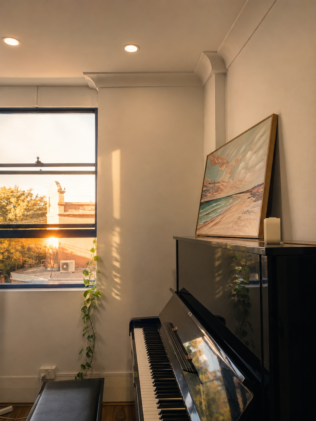 Sunset view through a window, with a piano, painting, and house plant inside a room.