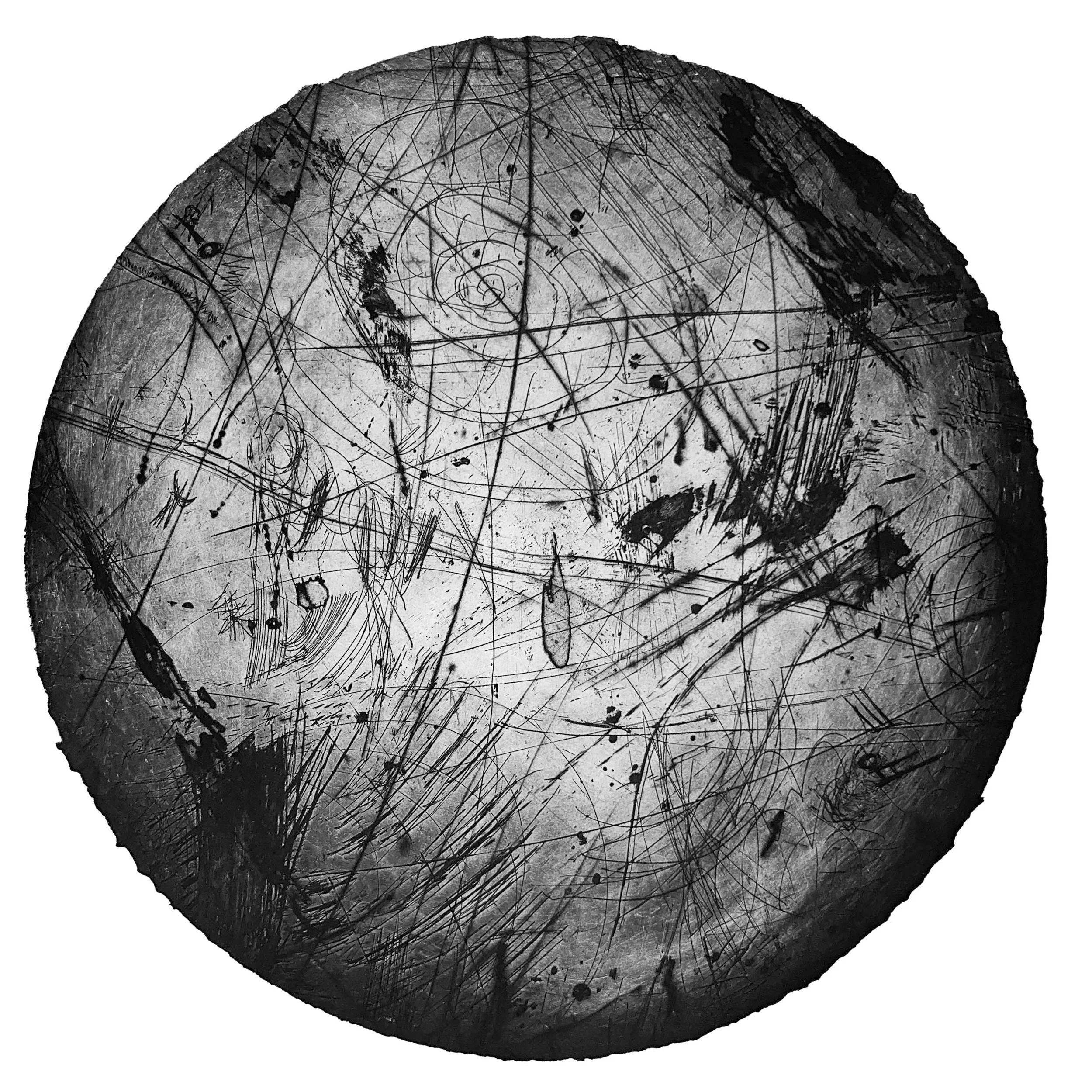 "A" 2025, etching on Fabriano, unique state, 415mm diameter. More info at https://zodamage.com/blog/noteworthy-exhibition