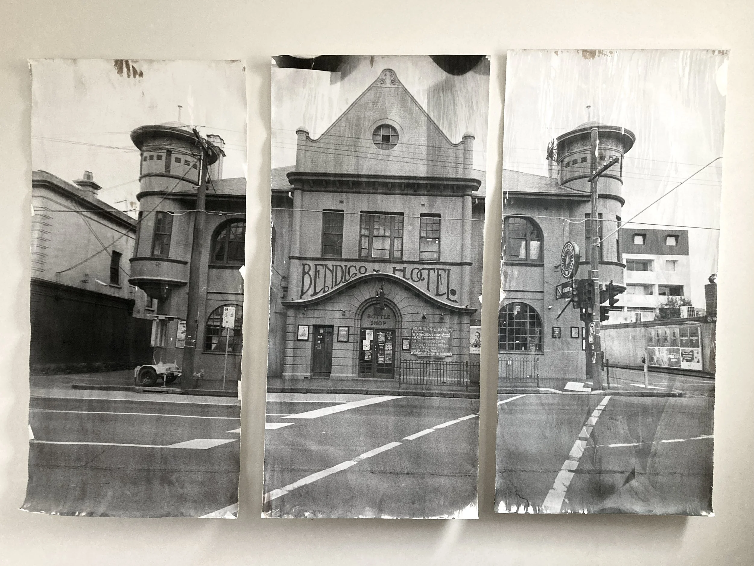 "Bendigo Hotel" 2024, gelatin silver (triptych) print, nails, unique state, 200x127cm