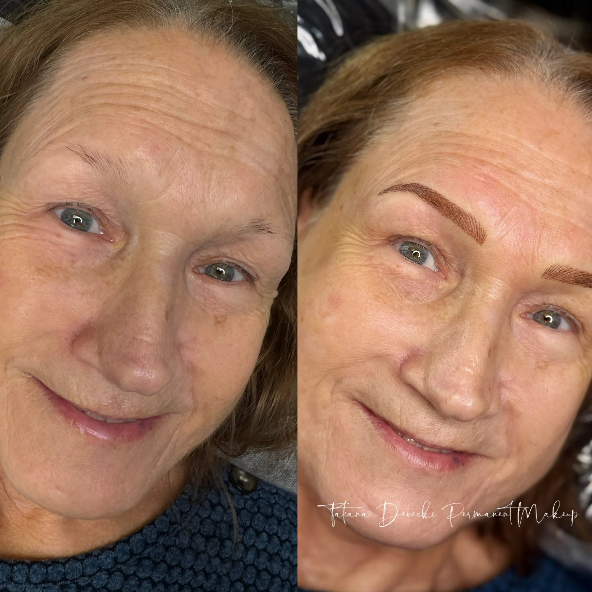 Before and after images of a woman's forehead showing the results of permanent makeup eyebrows, with the after photo featuring well-defined, arched eyebrows.