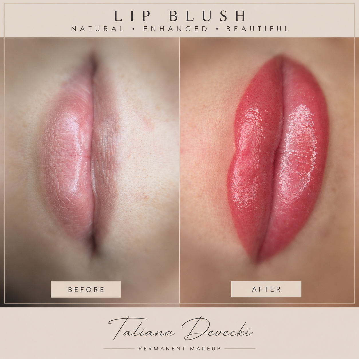 Comparison of lips before and after lip blush permanent makeup, showing natural lip color on the left and ENHANCED, filled lips with red lipstick on the right.
