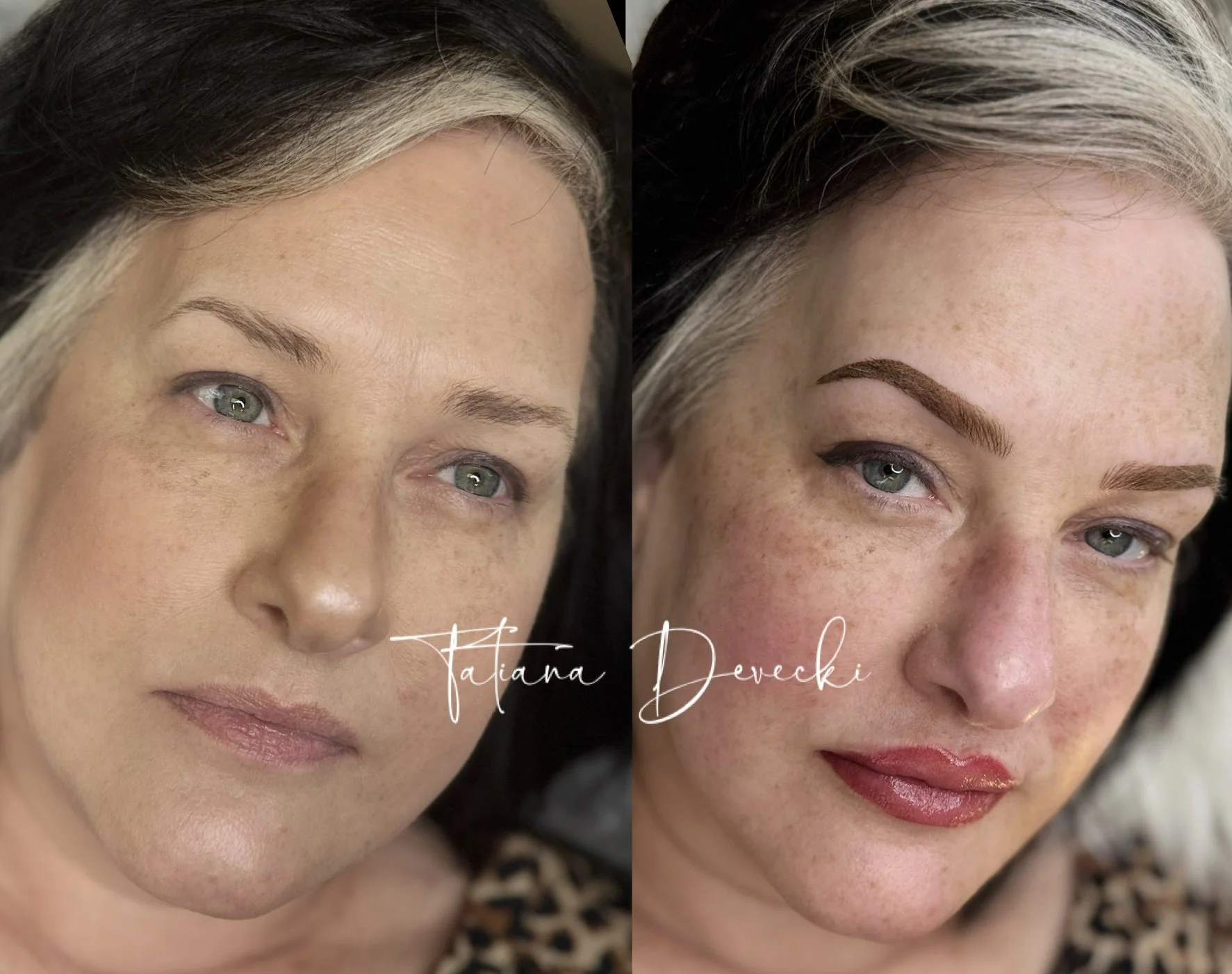 Side-by-side comparison of a woman's face before and after makeup, showing enhanced eyebrows, lipstick, and overall makeup application.