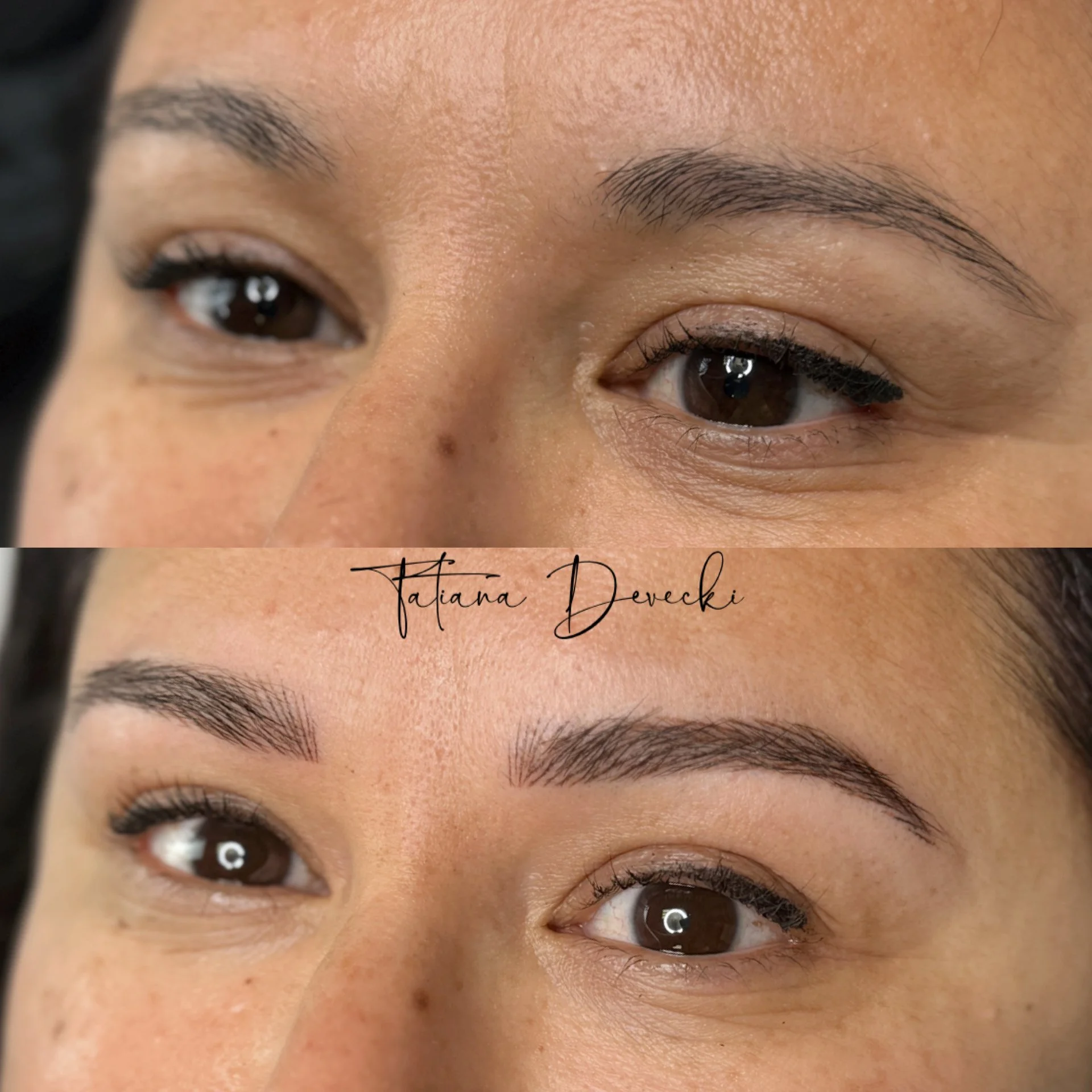 Close-up of a woman's face focusing on her eyes and eyebrows. Her eyes appear to have makeup applied, and her eyebrows are well-groomed. There is a signature with the text 'Tiana Devecki' overlaying the image.