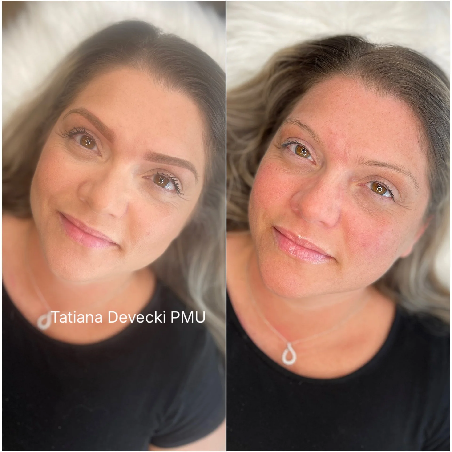 Side-by-side comparison of a woman showing her hair before and after a hair treatment. The left side displays her natural, darker hair, while the right side shows her hair with a lighter, more textured look.