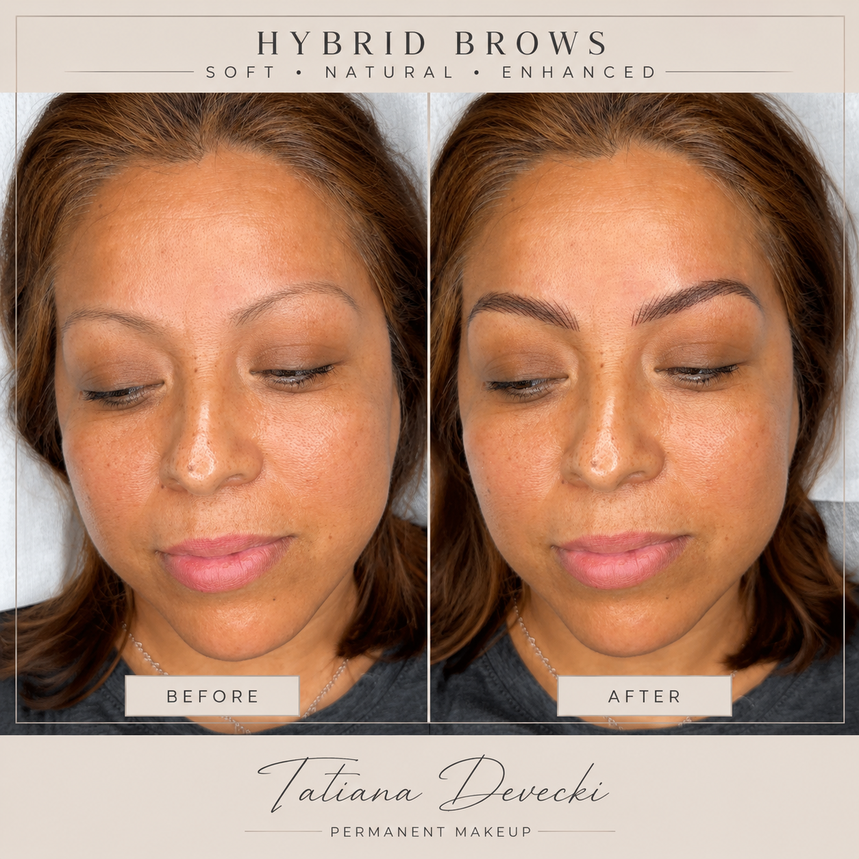 Side-by-side close-up photos of a woman showing her face before and after getting hybrid brow permanent makeup, with well-defined, natural-looking eyebrows in the after photo.