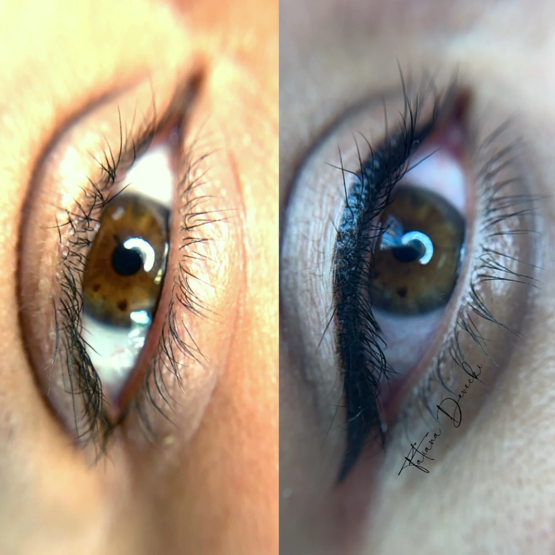 Close-up of a person's eye showing detailed eyelashes and brown iris, with a signature or writing along the right side of the image.