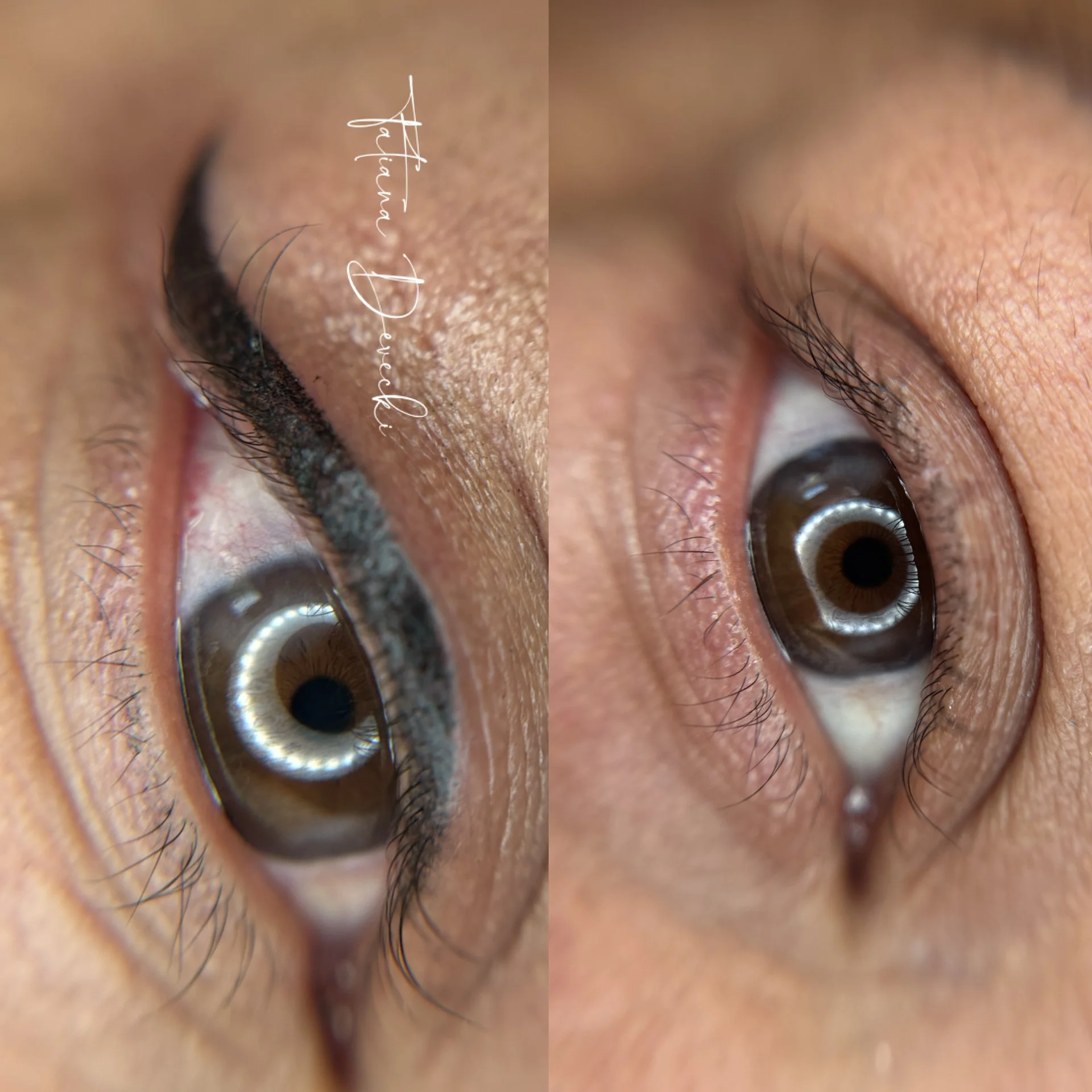 Close-up of a person's eye showing detailed eyelashes, iris, and skin texture, with some eyelashes extending outward and slightly blurry details surrounding the eye.