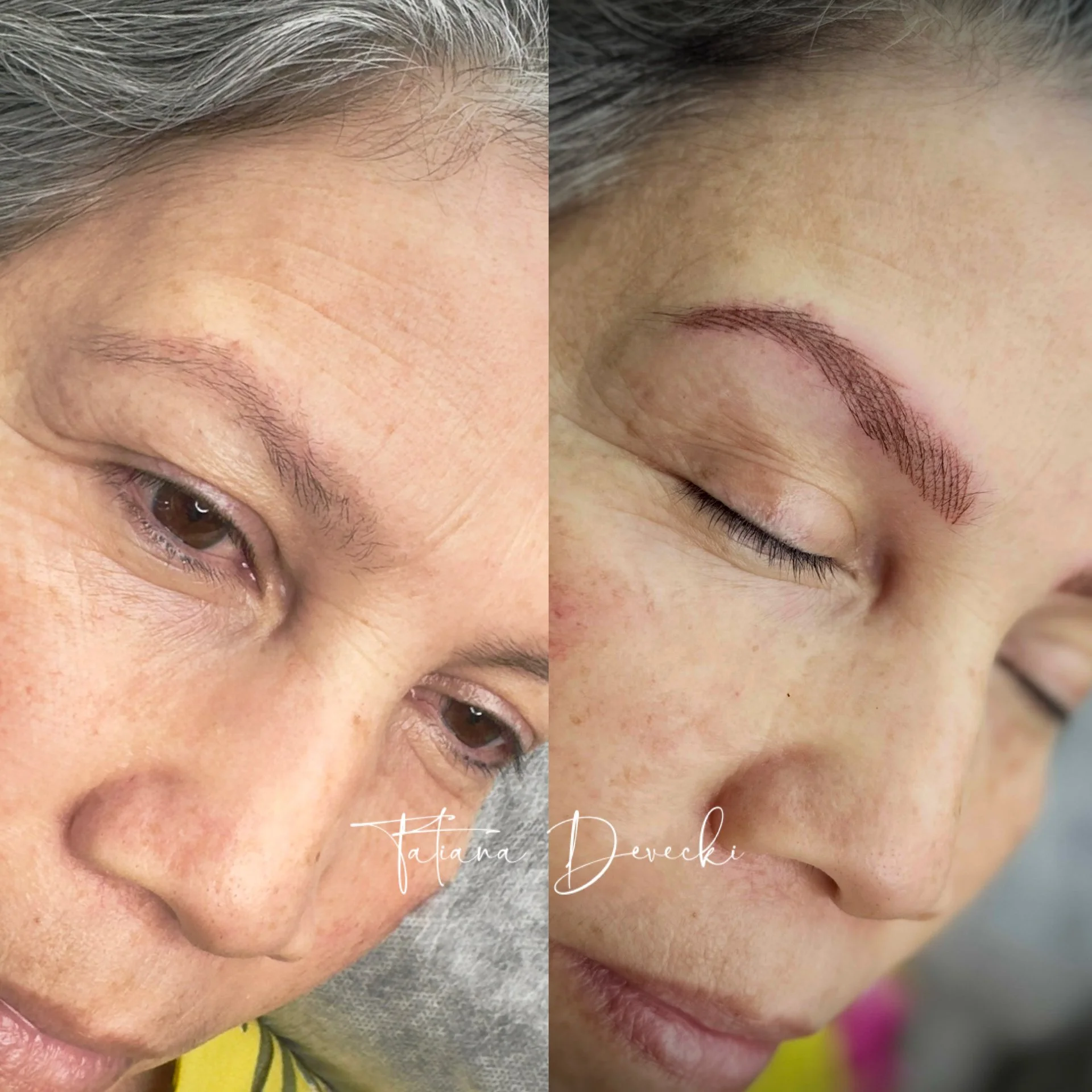 Side-by-side comparison of a person's face before and after makeup or cosmetic enhancement, focusing on eyebrows and skin appearance.