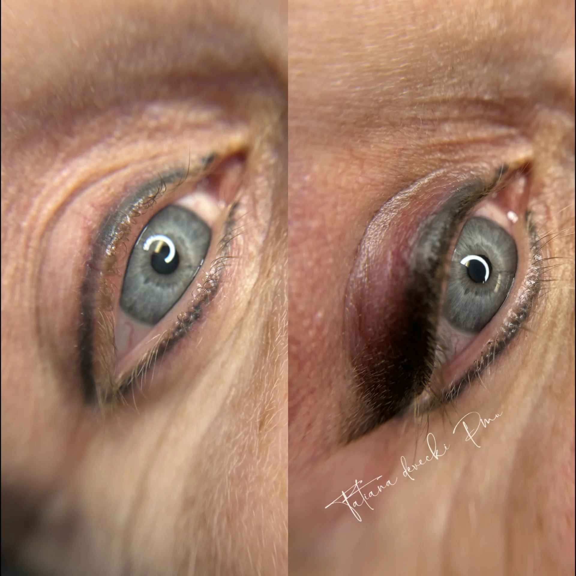 Close-up of a person's EYE with focus on the iris, eyelashes, and surrounding skin, split into two parts with the right side showing a more detailed view of the eye and skin texture.