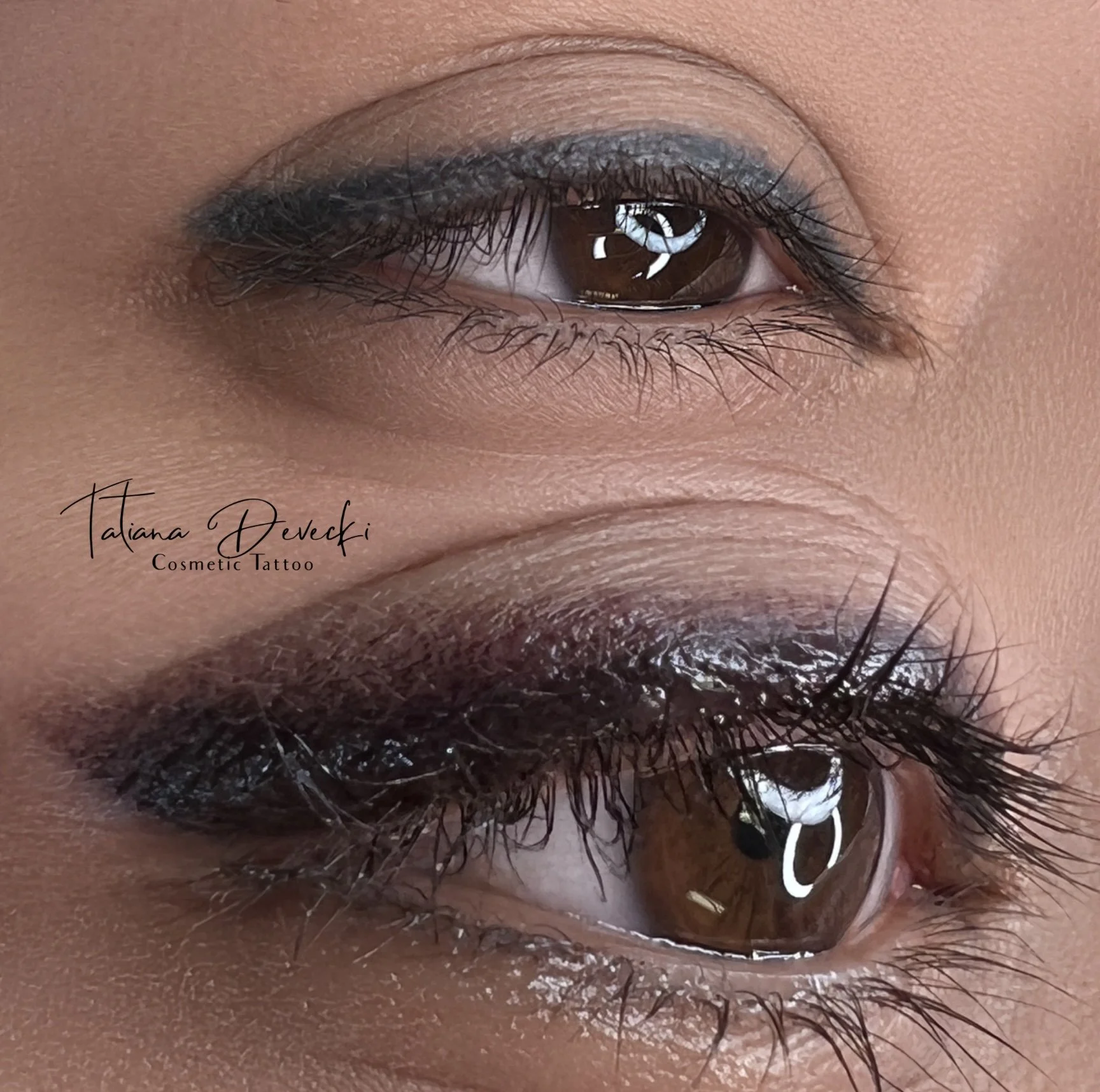 Close-up image of a human eye with MAKEUP and long eyelashes, with a reflection of a window in the cornea.