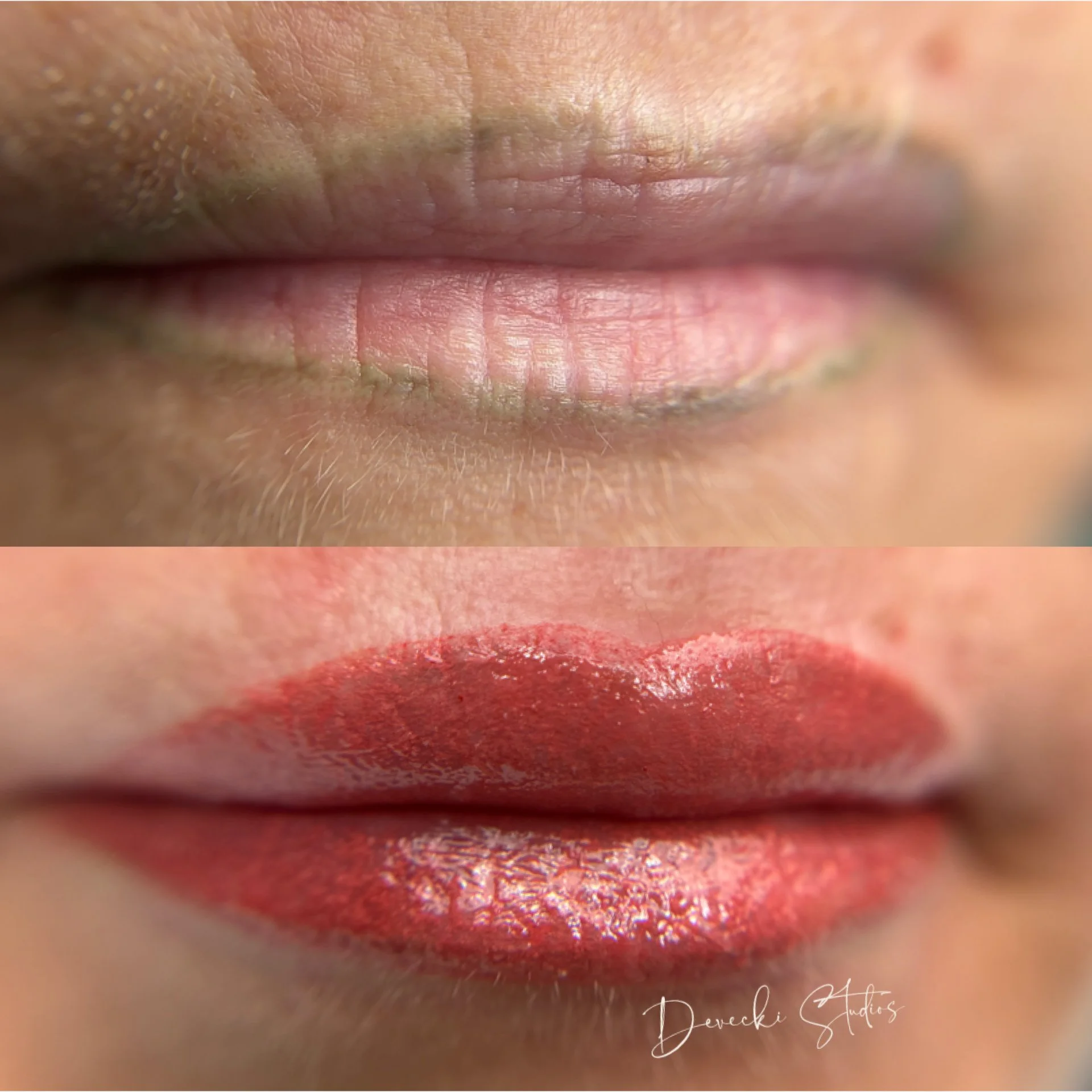 Close-up of a person's lips with coral lipstick, showing details of skin and lip texture.