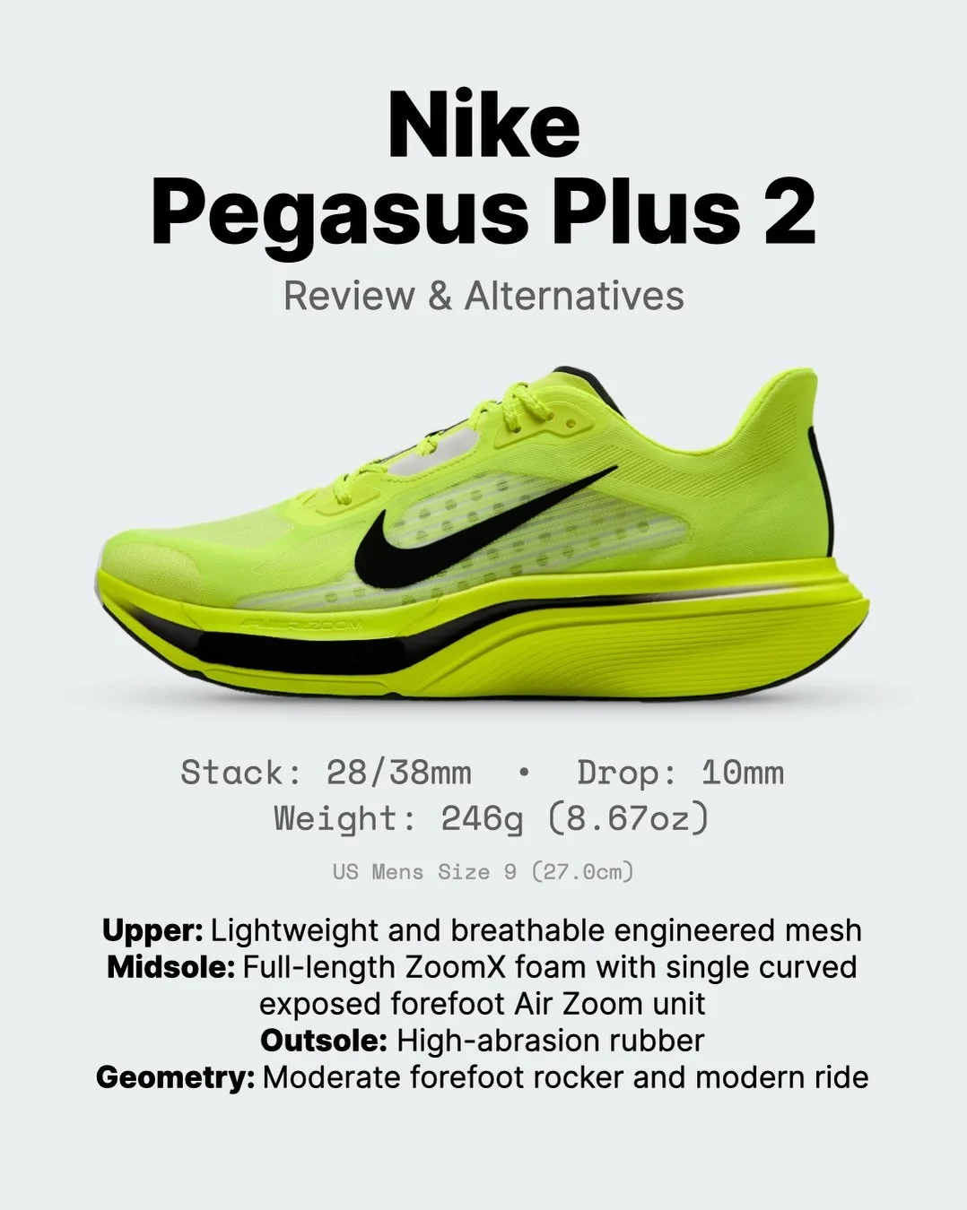 Setting a new baseline for the @nikerunning Pegasus lineup. The Pegasus Plus 2 pairs full-length ZoomX with a curved forefoot Air Zoom unit for a modern, responsive ride, built on a new last that finally fixes narrow fit complaints.

Full review and 