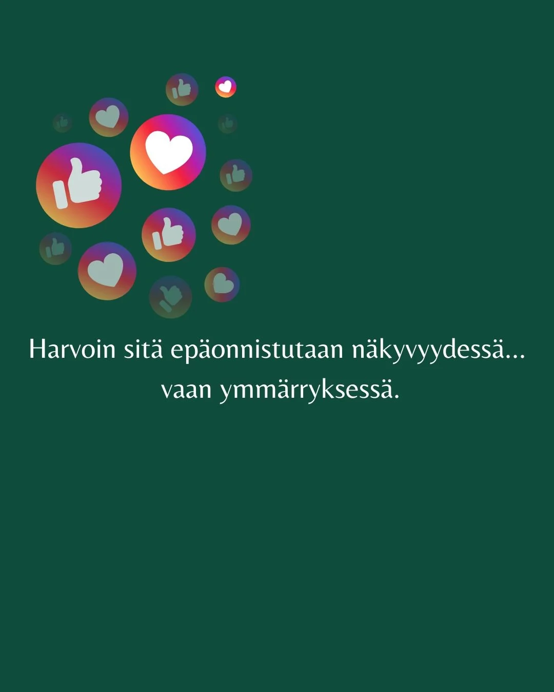 Moni meist&auml; yritt&auml;&auml; korjata n&auml;kyvyytt&auml; lis&auml;&auml;m&auml;ll&auml; volyymia. Mutta vain harva miettii, kenelle puhuu. 

Ennen kuin klikkaat seuraavan postauksen julki, pohdi mit&auml; kohderyhm&auml;si siit&auml; saa.

#so