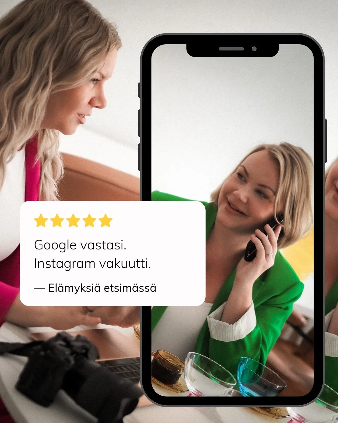 Instagram-haku on uusi Google 🔍

Ensin etsit&auml;&auml;n. Sitten klikataan profiiliin. Ja aika nopeasti p&auml;&auml;tet&auml;&auml;n: varataanko p&ouml;yt&auml;, ostetaanko juuri teilt&auml; vai otetaanko yhteytt&auml;.

Siksi pelkk&auml; l&ouml;y