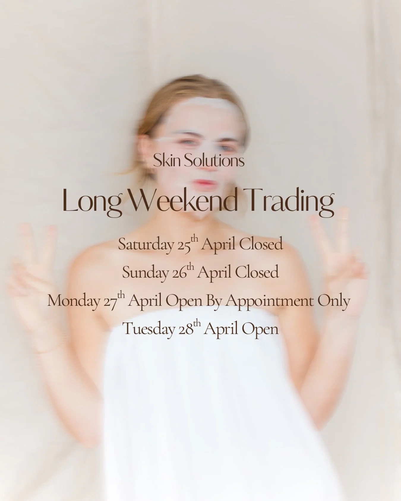 Long weekend hours 🤎 

Wishing you all a restful and lovely long weekend! 

#SkinSolutions