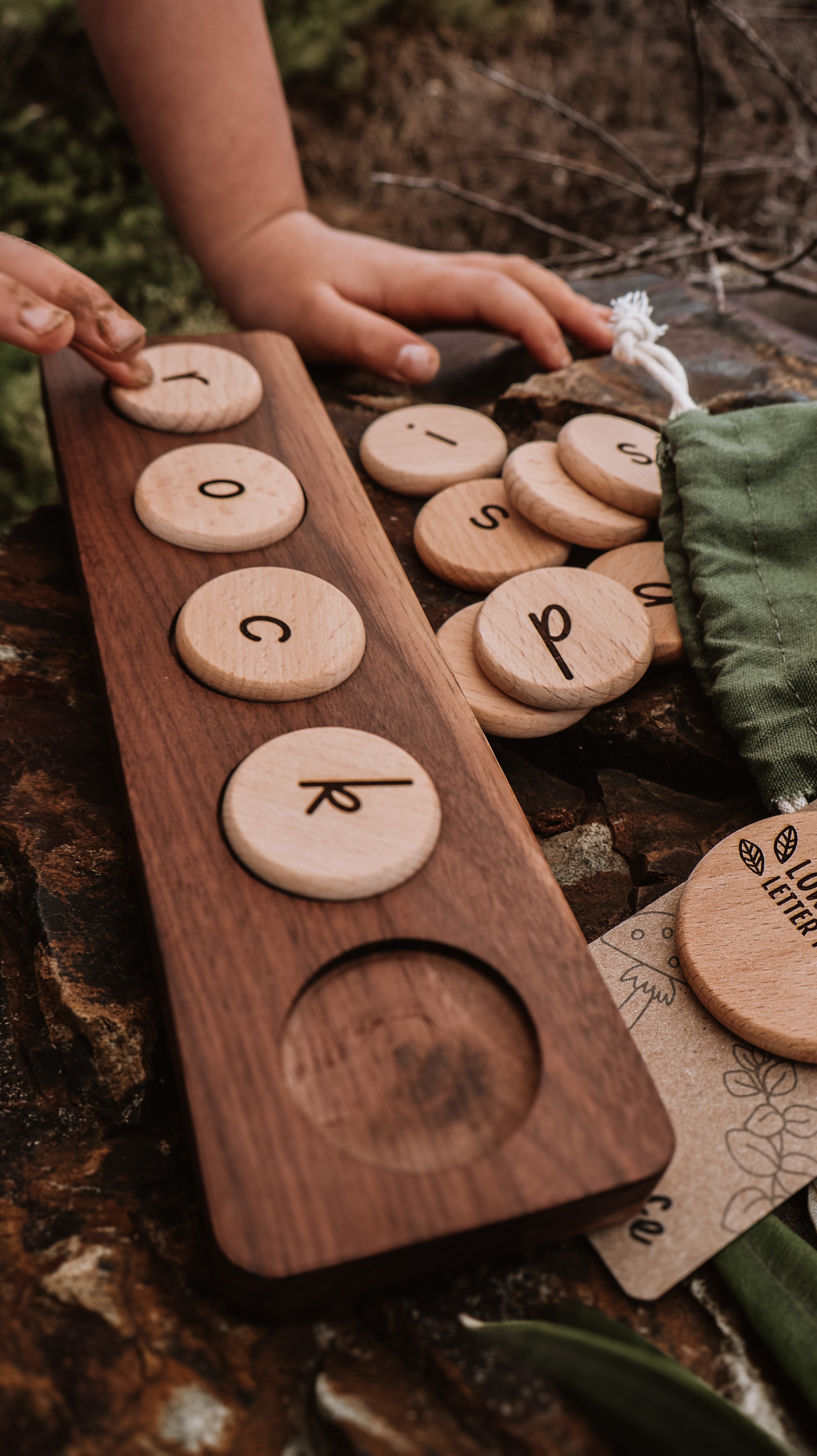 Wooden Word Building Tray and Tokens