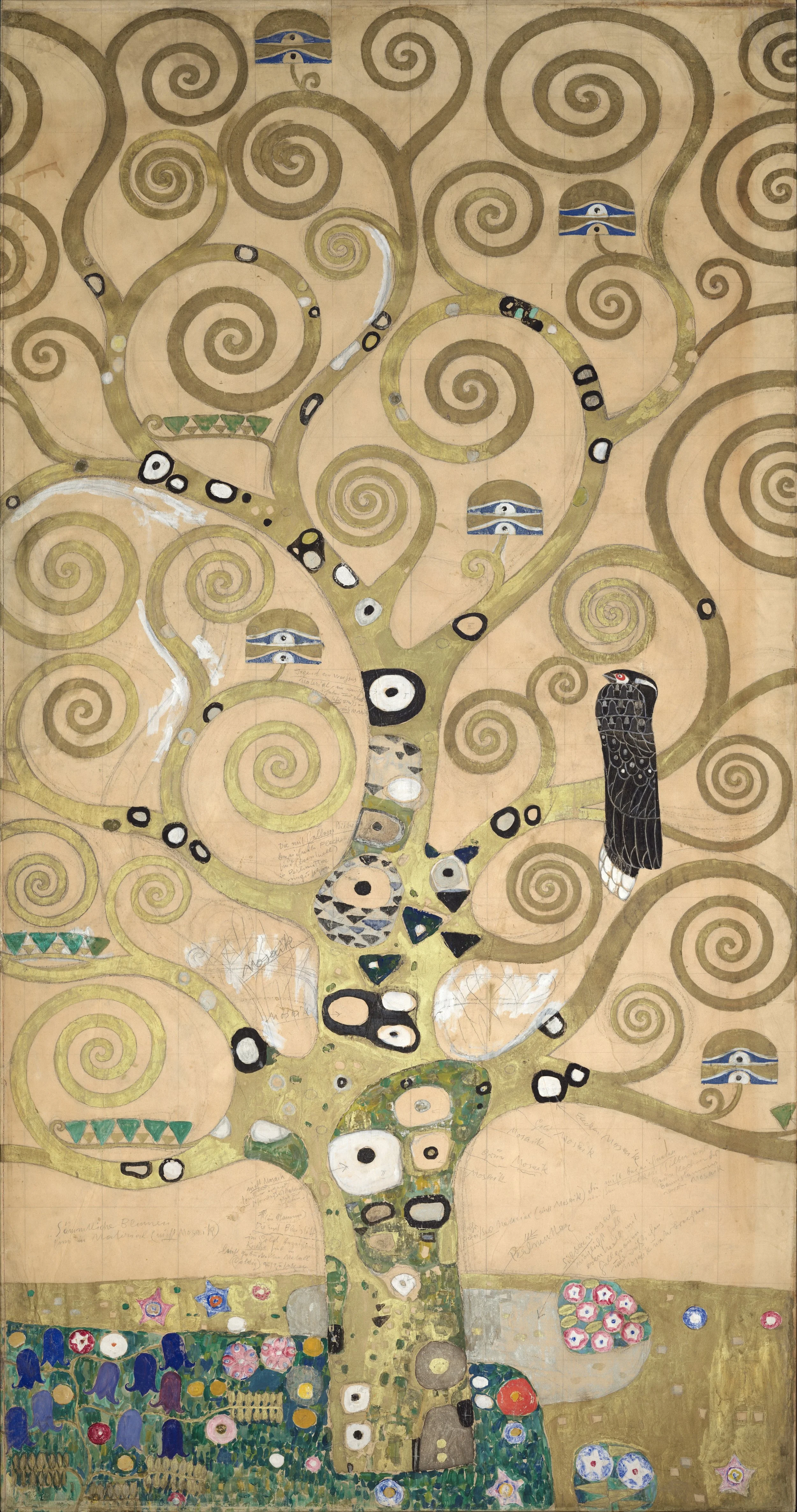 Photograph of The Tree of Life, a painting by the Austrian symbolist painter Gustav Klimt, with swirling golden branches and vibrant flowers at the base, featuring hummingbird and owl motifs.