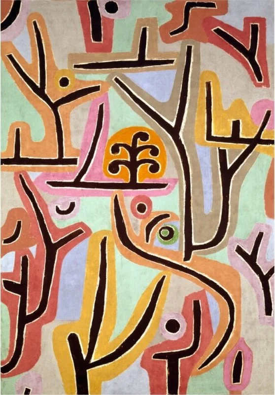 Abstract painting with colorful, stylized tree-like shapes outlined in black, featuring pink, yellow, green, brown, and blue backgrounds.