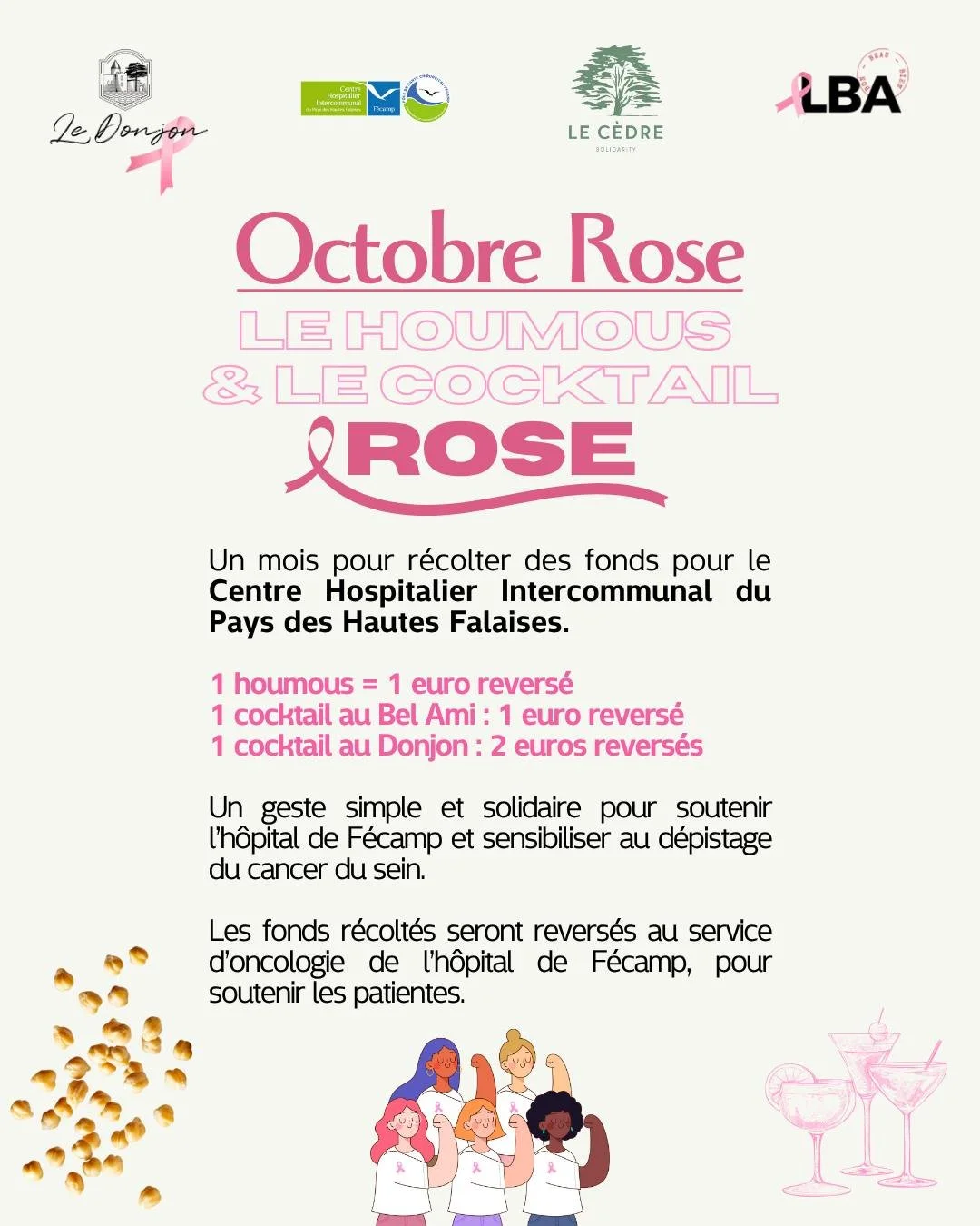 Octobre Rose, c'est le mois pour rappeler l&rsquo;importance du d&eacute;pistage du cancer du sein et soutenir la lutte contre la maladie 💕

Au Donjon &amp; au Bel Ami, d&eacute;couvrez notre Houmous Rose et notre Cocktail Rose ! 🌸

⟡ Chaque comman