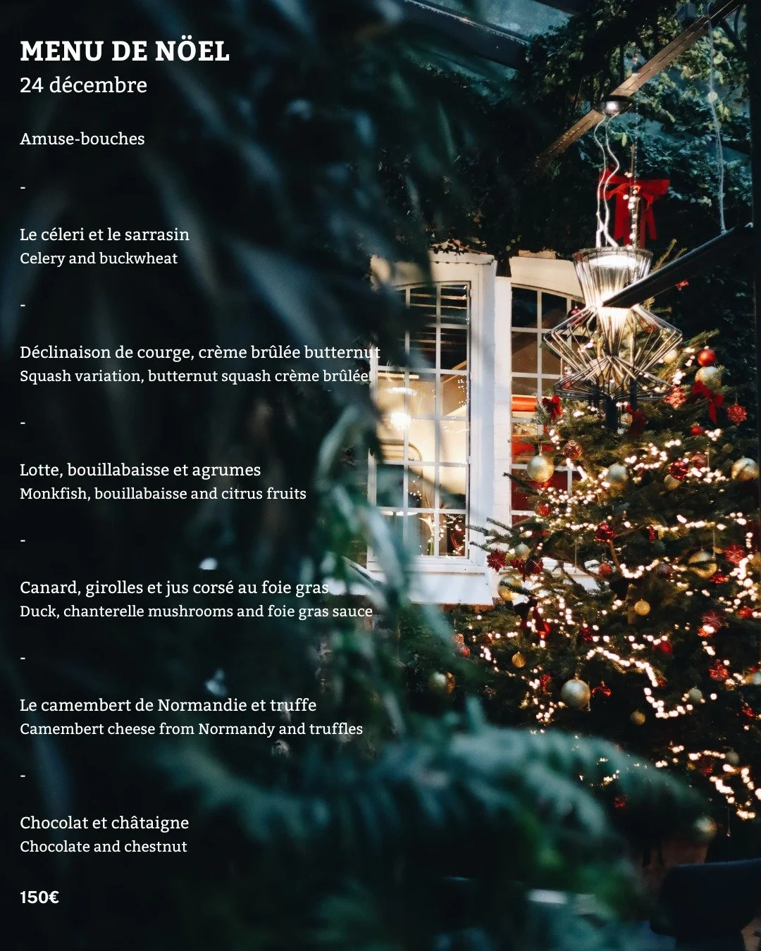 Les menus des F&ecirc;tes sont arriv&eacute;s ✨

Notre restaurant gastronomique vous propose des instants d&rsquo;exception pour c&eacute;l&eacute;brer No&euml;l et le Nouvel An autour de cr&eacute;ations raffin&eacute;es et des plus belles saveurs d