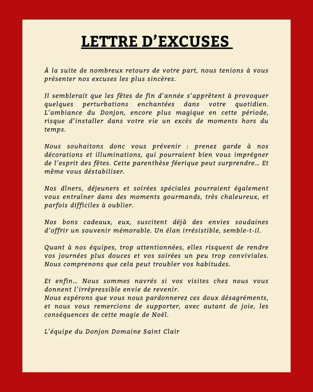 Pardonnez-nous pour la magie des f&ecirc;tes qui s&rsquo;installe au Donjon...🎁🥂🌟

.

#christmas2025 #hotellife #lettredexcuses #lamagiedesfetes #ledonjon #normandyhotel