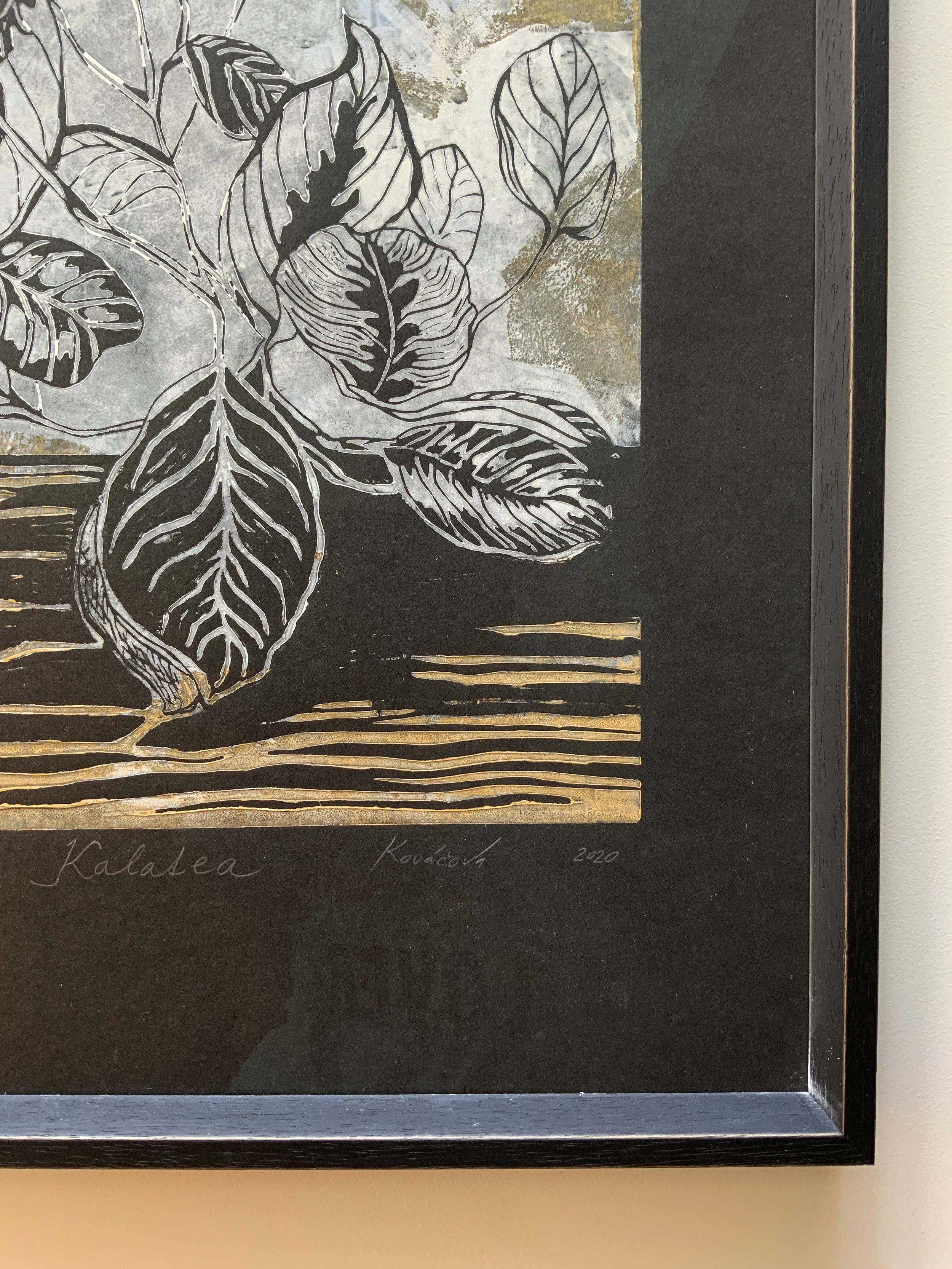 Kalatea, black & white, linoprint, detail