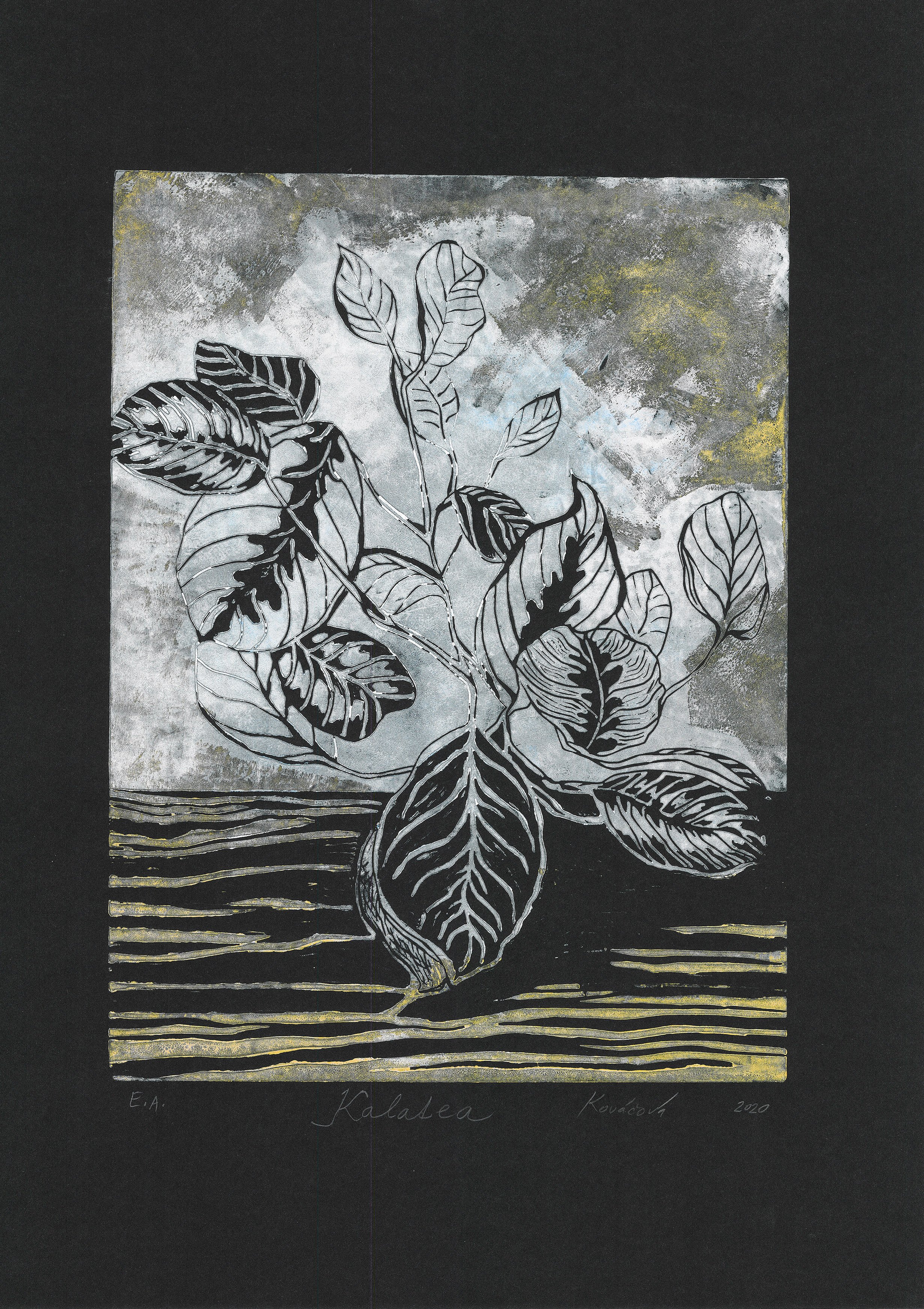 Kalatea, black & white, linoprint