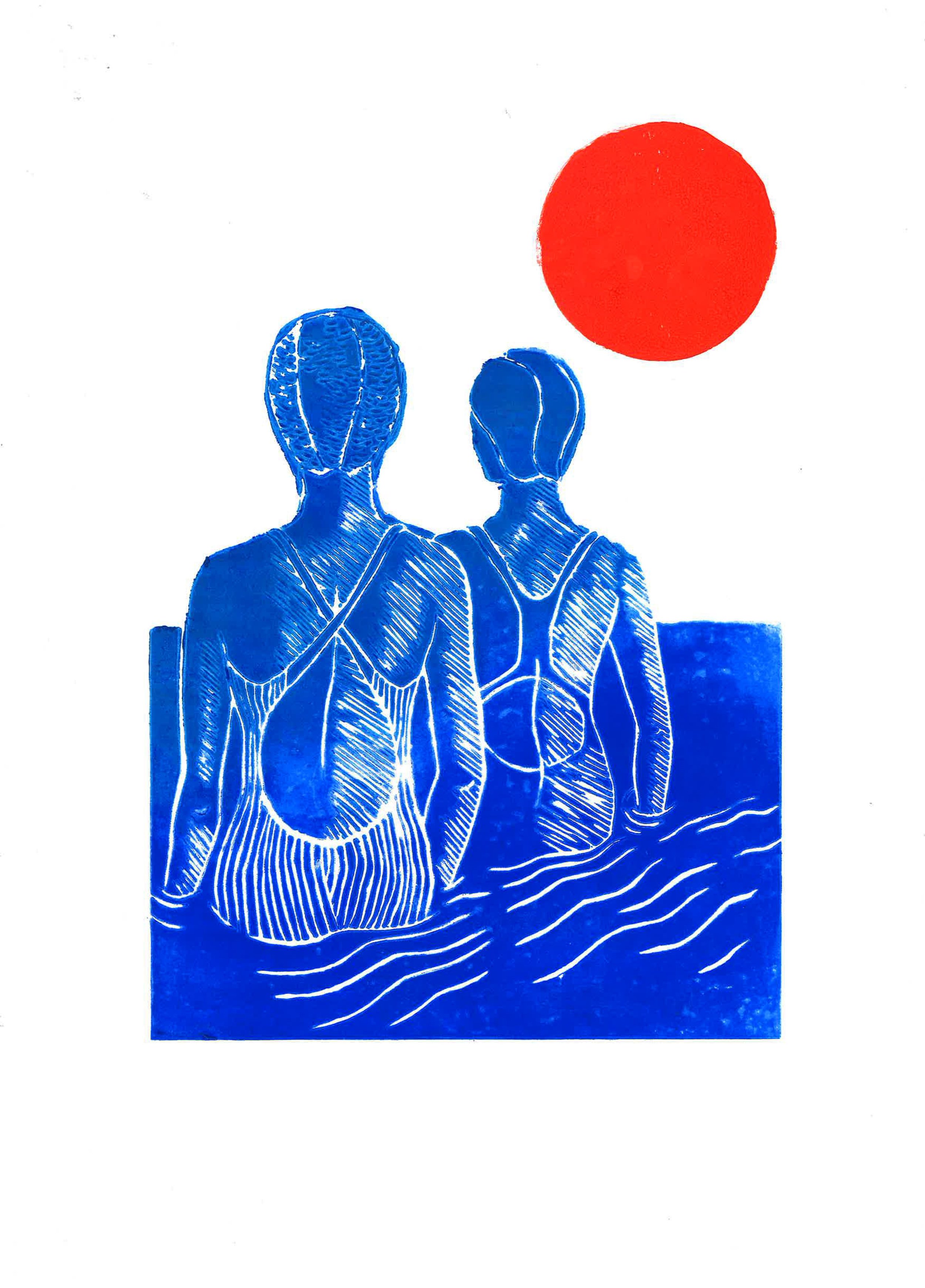 Plavecká sezóna, v mori. Linoprint
