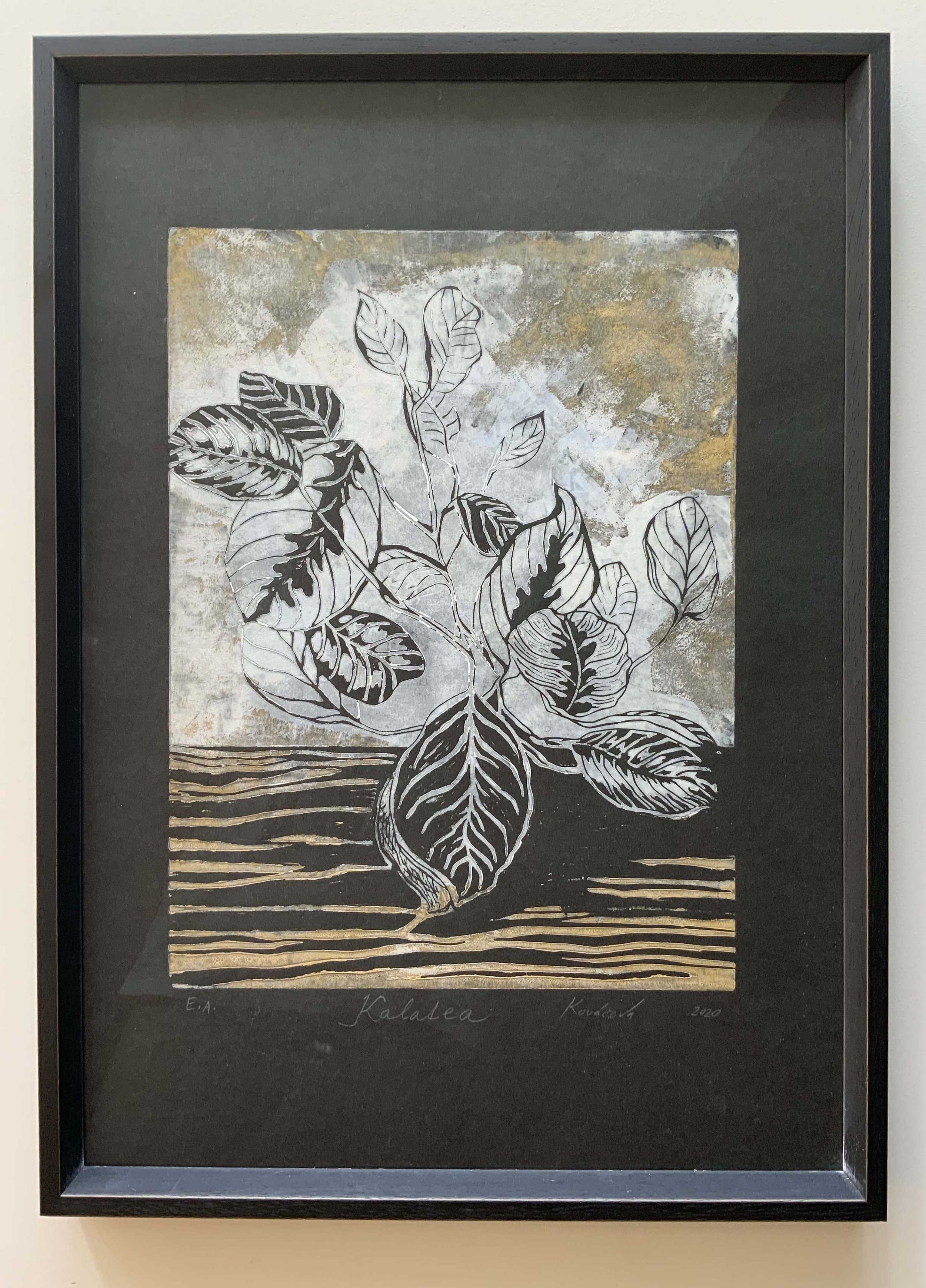 Kalatea, black & white, linoprint, zarámované