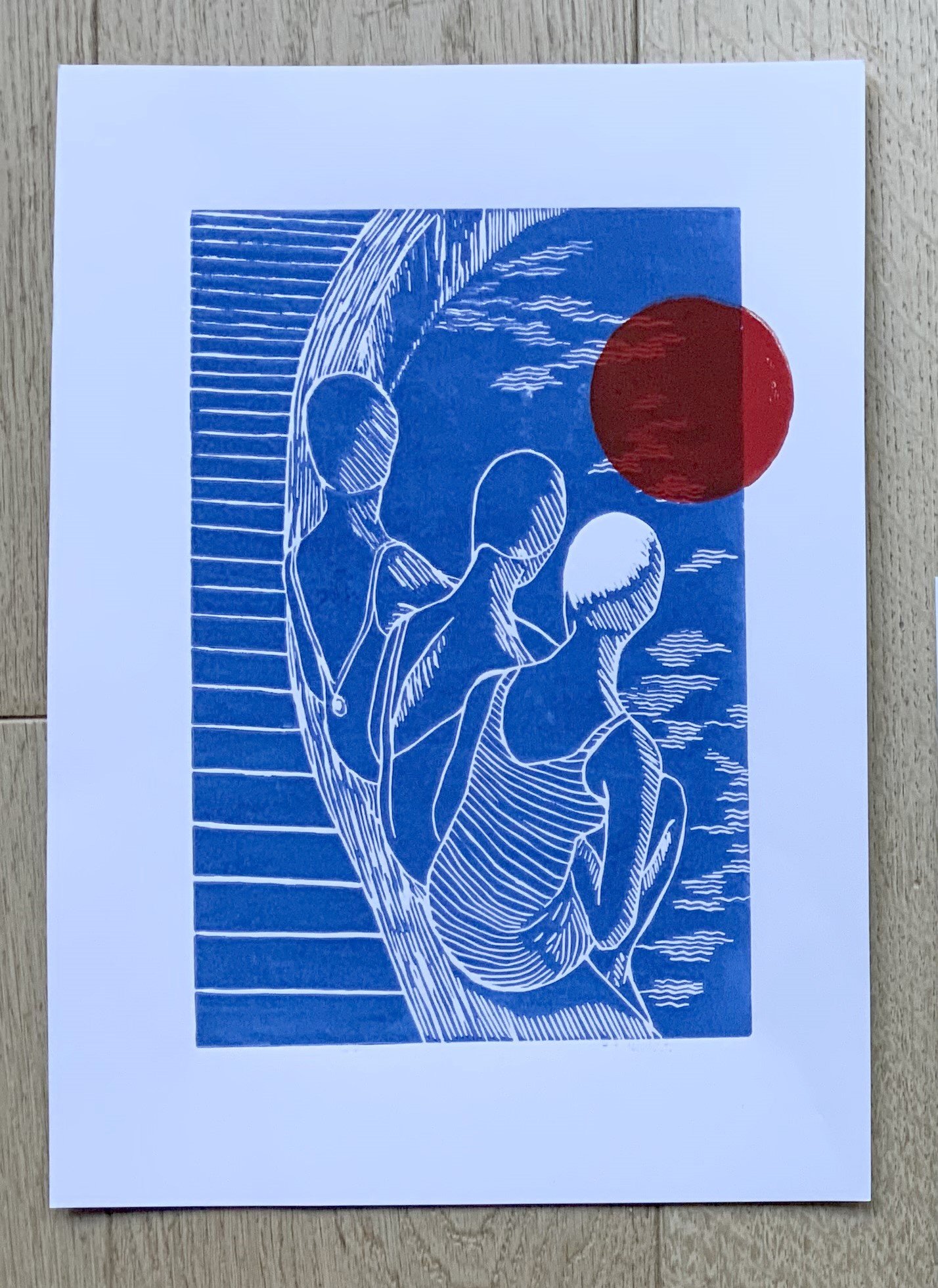 Plavecká sezóna, pri bazéne. Linoprint