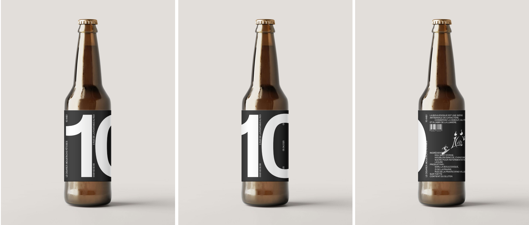 Bouteille de bière artisanale avec étiquette noir et blanc portant les10 ans du Cigare a moustache, vue de face, dos et profil.