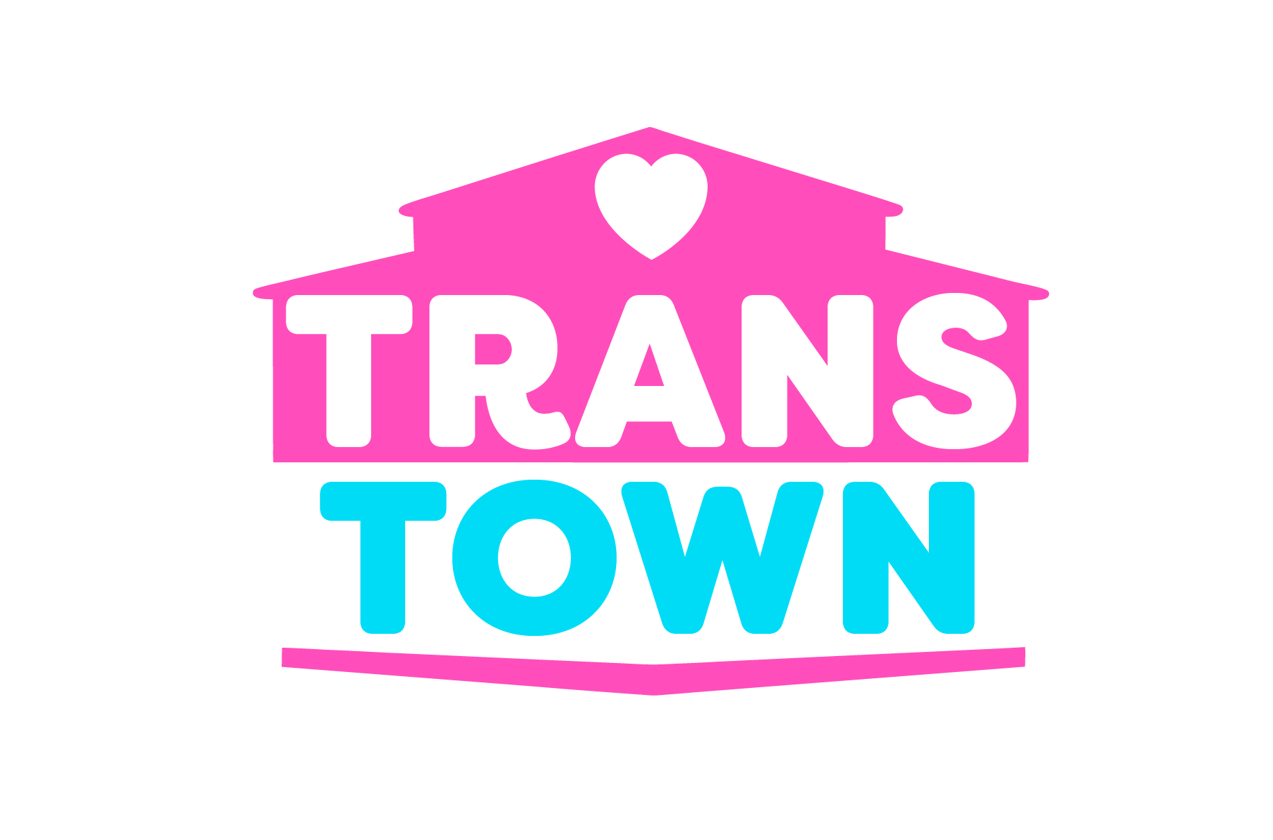 A pink and blue logo with text 'trans town' on a building with a heart.