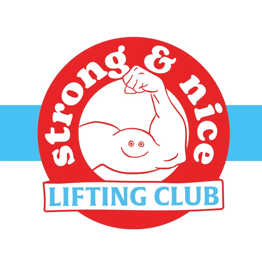 A red and blue logo with a smiling bulging bicep