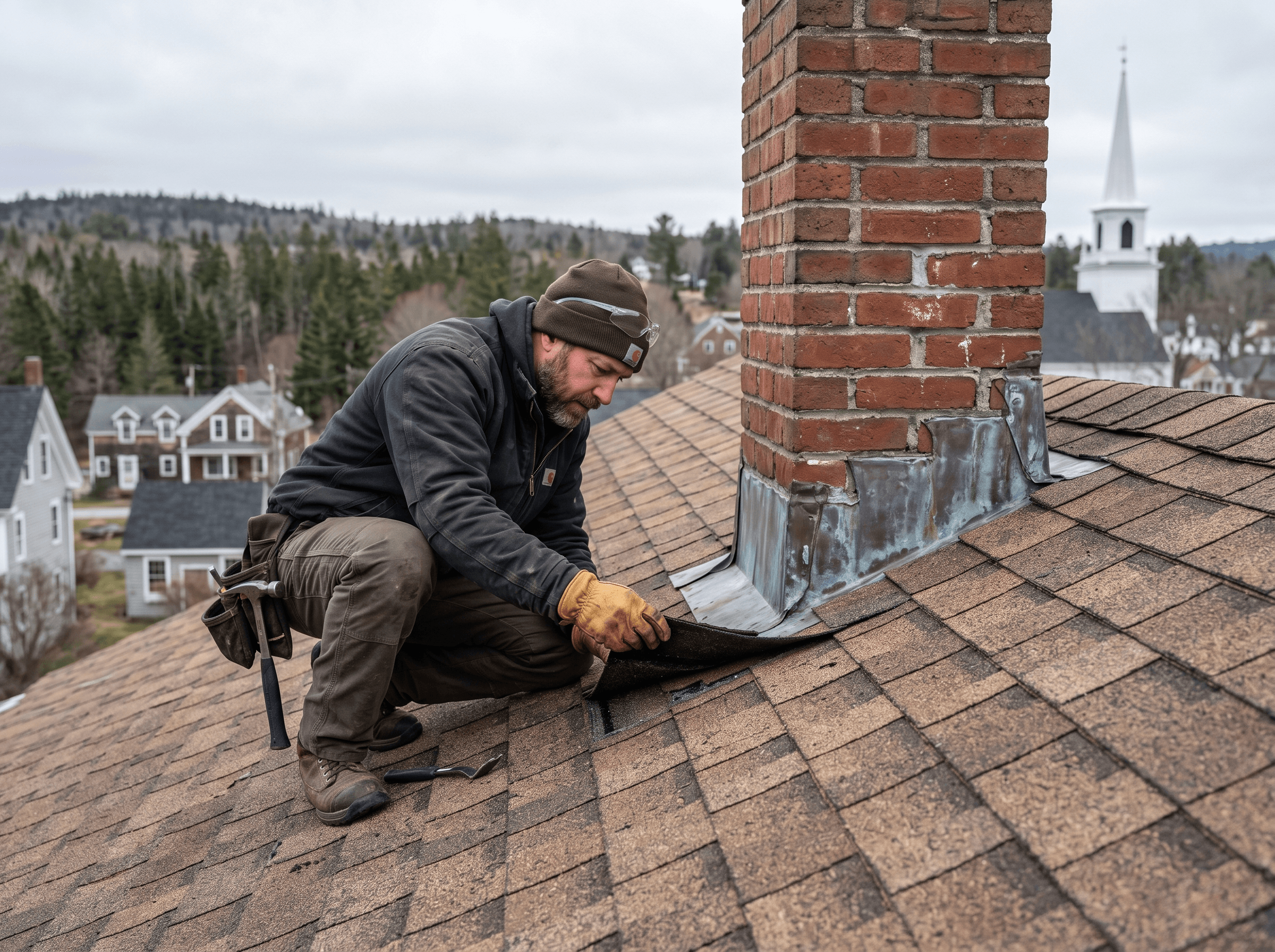 Roofing contractor inspecting shingle condition and flashing on a Maine residential roof
