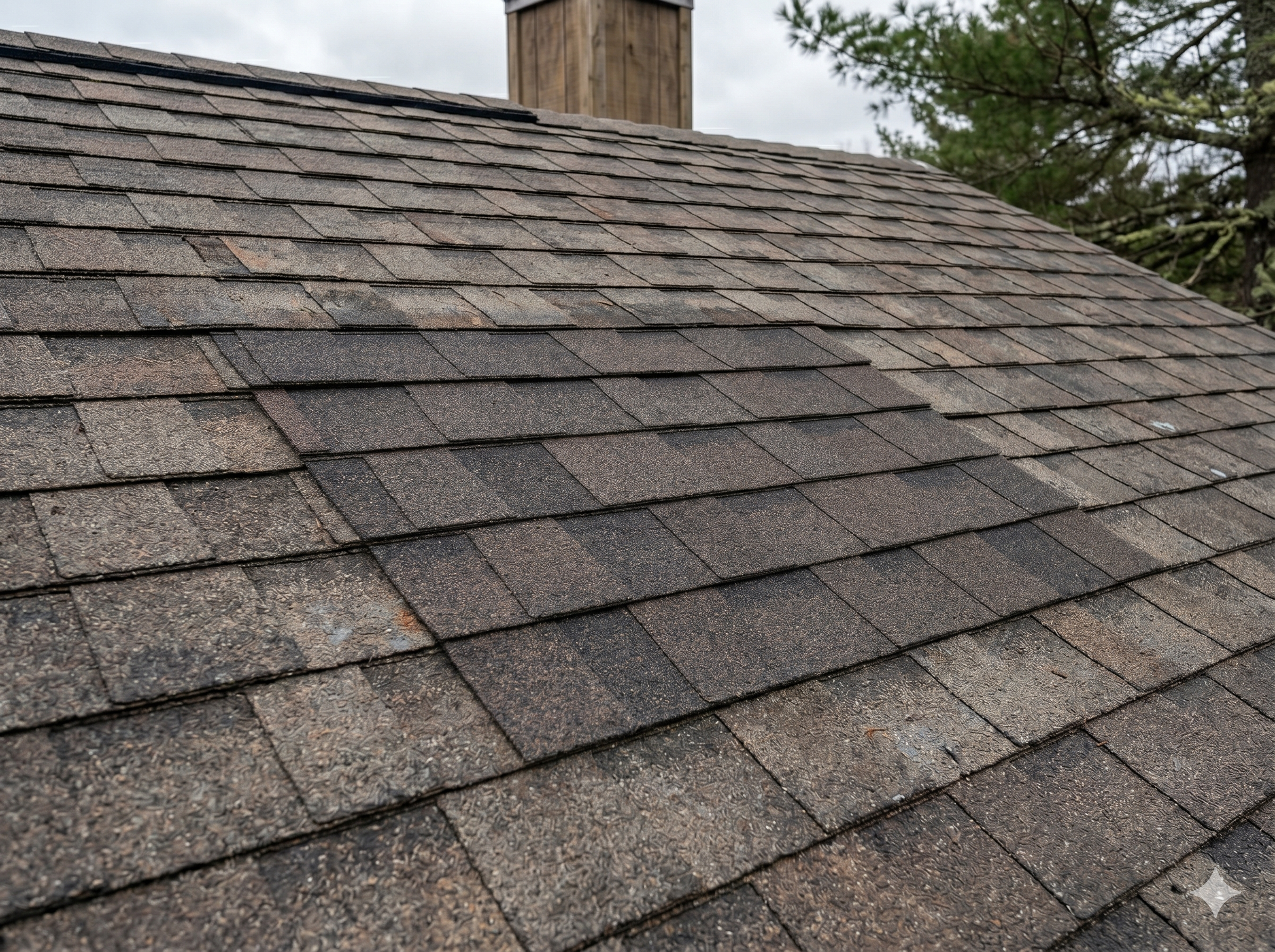 Close-up of a small asphalt shingle repair patch on a Maine residential roof